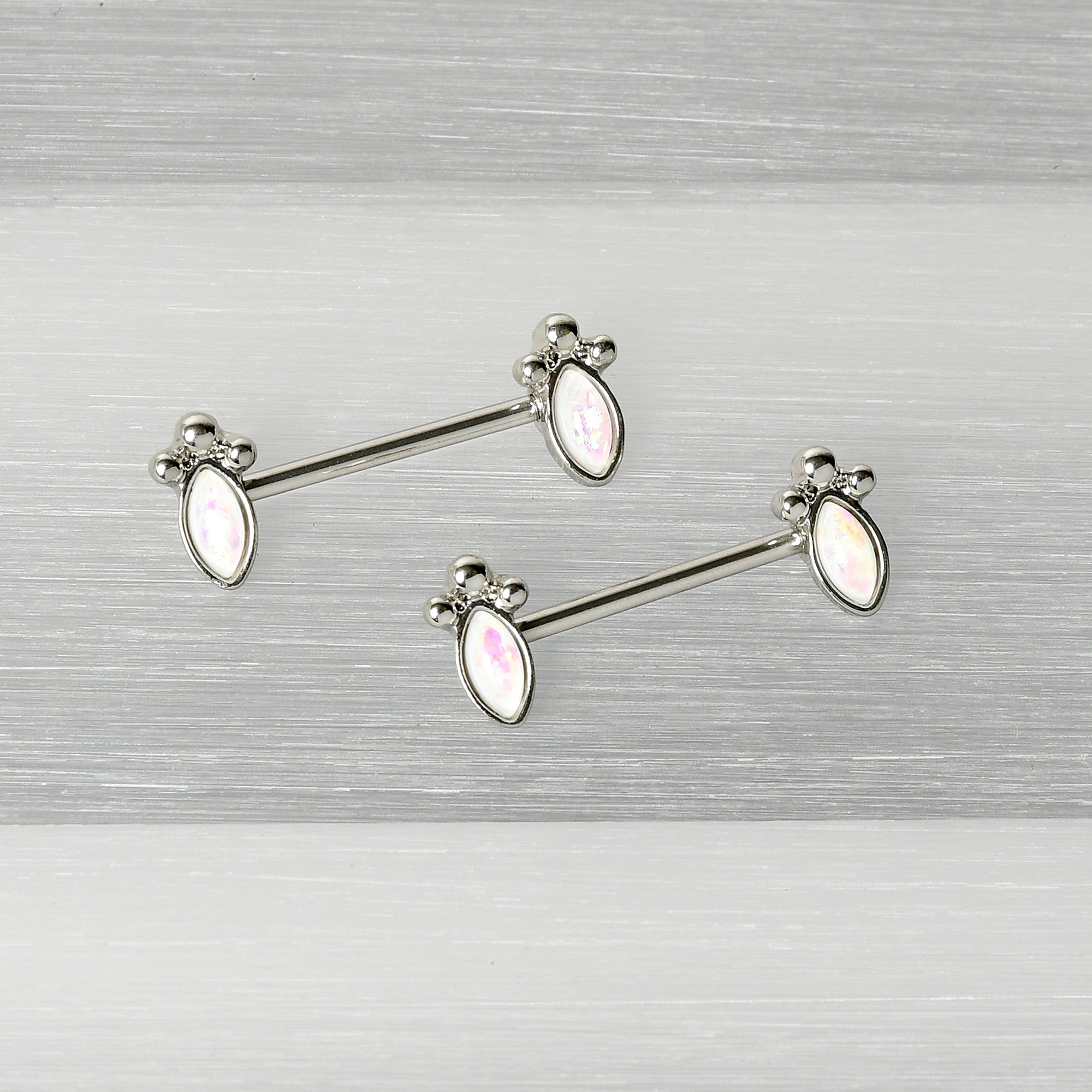 14 Gauge 9/16 White Faux Opal Deco Ovals Barbell Nipple Ring Set