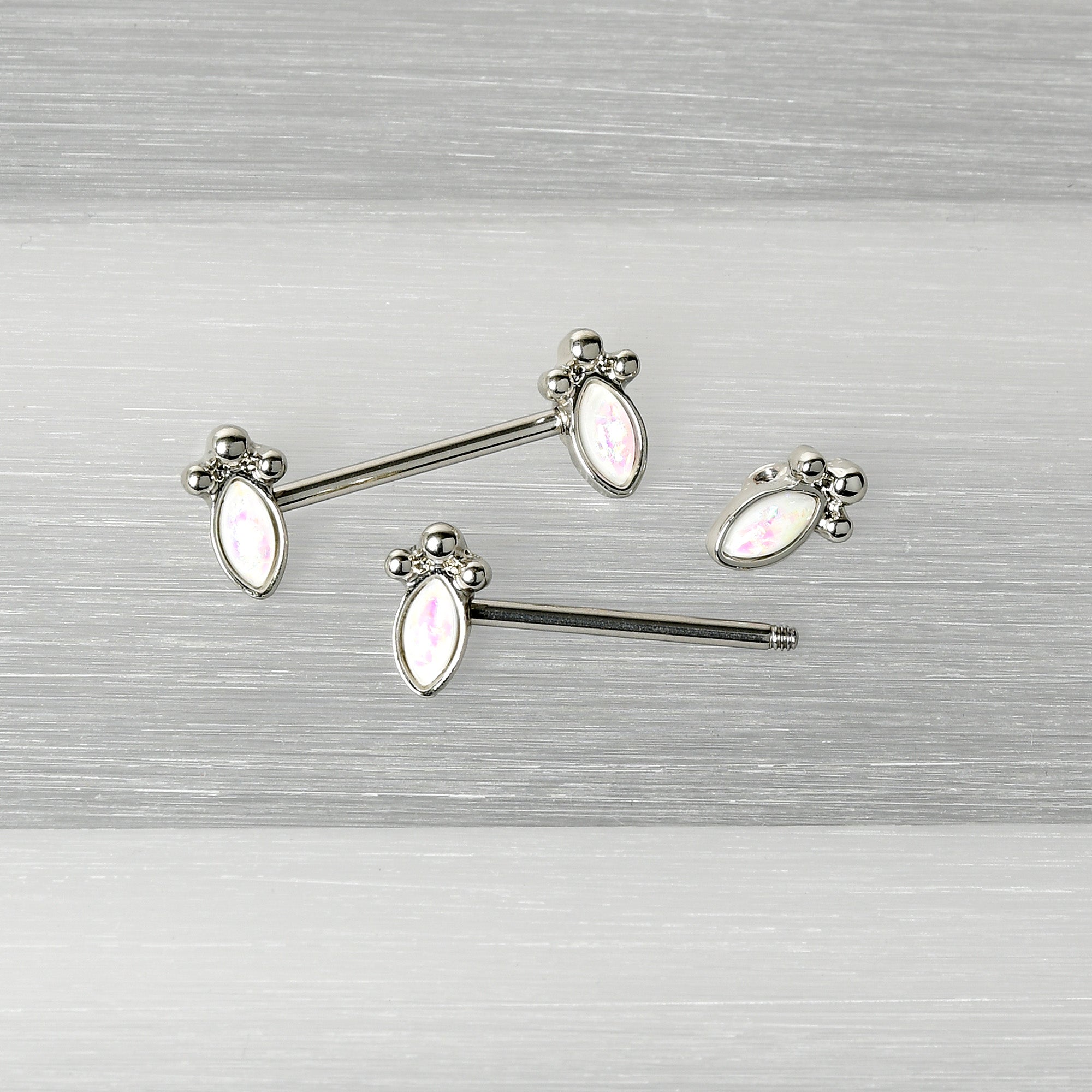 14 Gauge 9/16 White Faux Opal Deco Ovals Barbell Nipple Ring Set