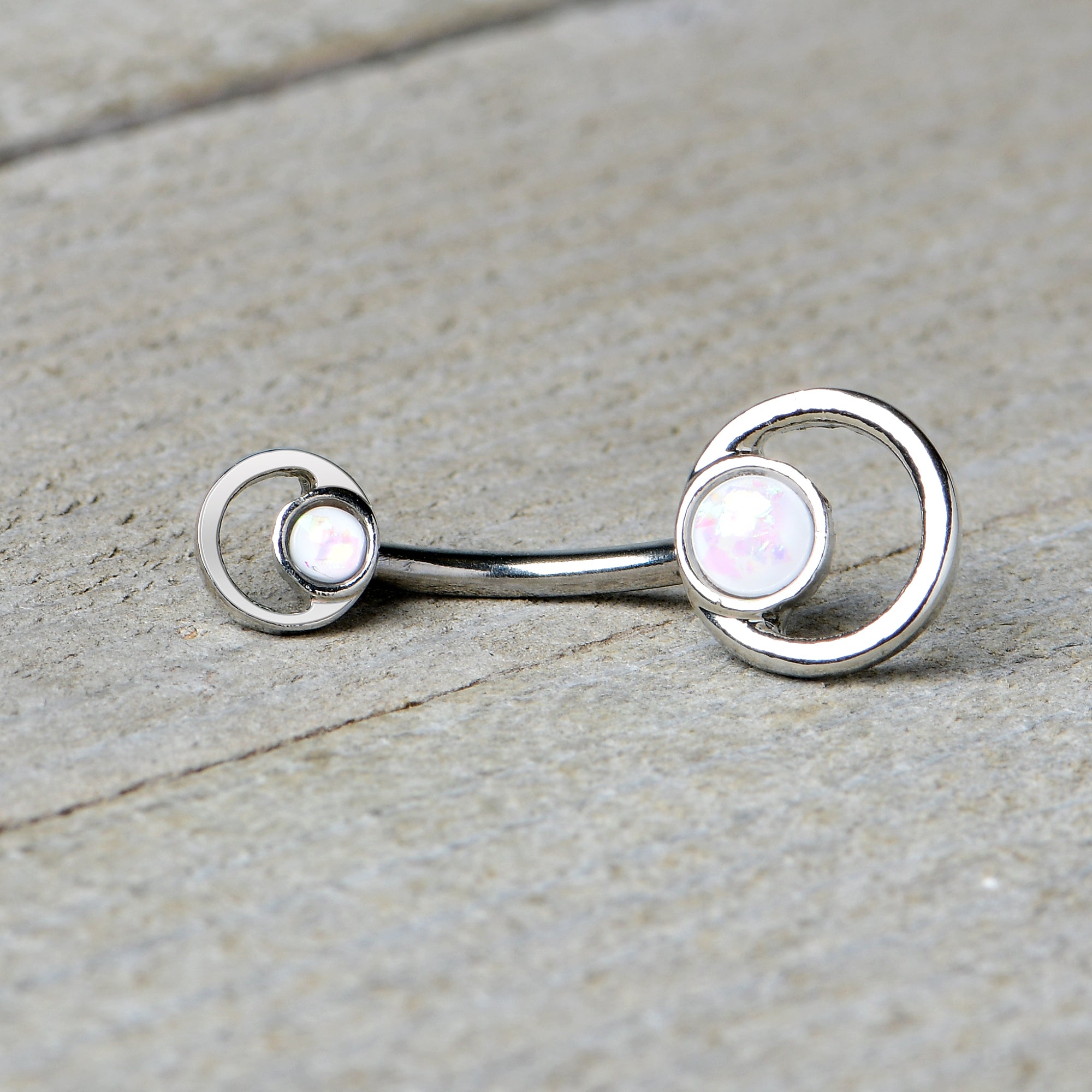 White Faux Opal Double Circle Double Mount Belly Ring