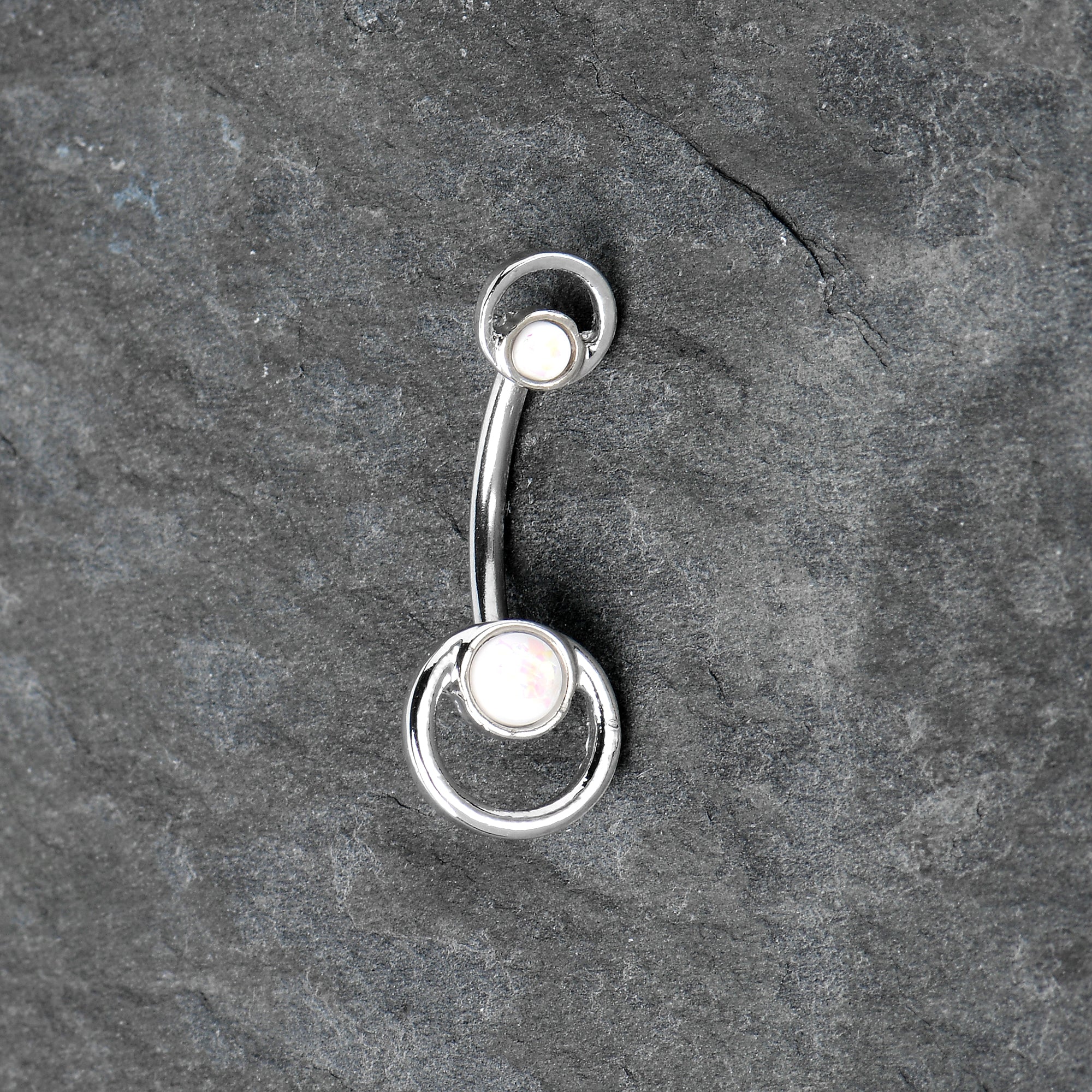 White Faux Opal Double Circle Double Mount Belly Ring