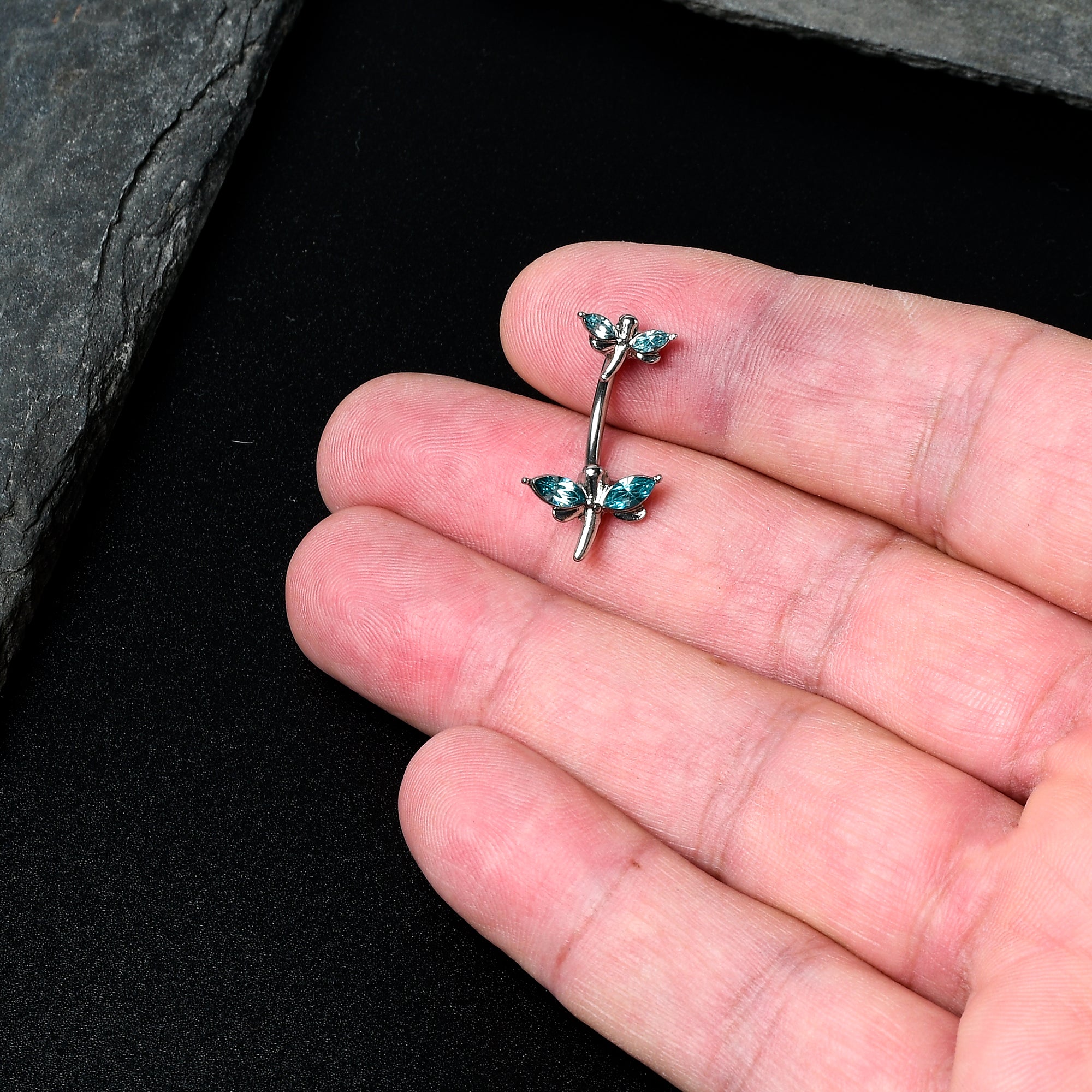 Blue Gem Simple Stylized Dragonfly Double Mount Belly Ring