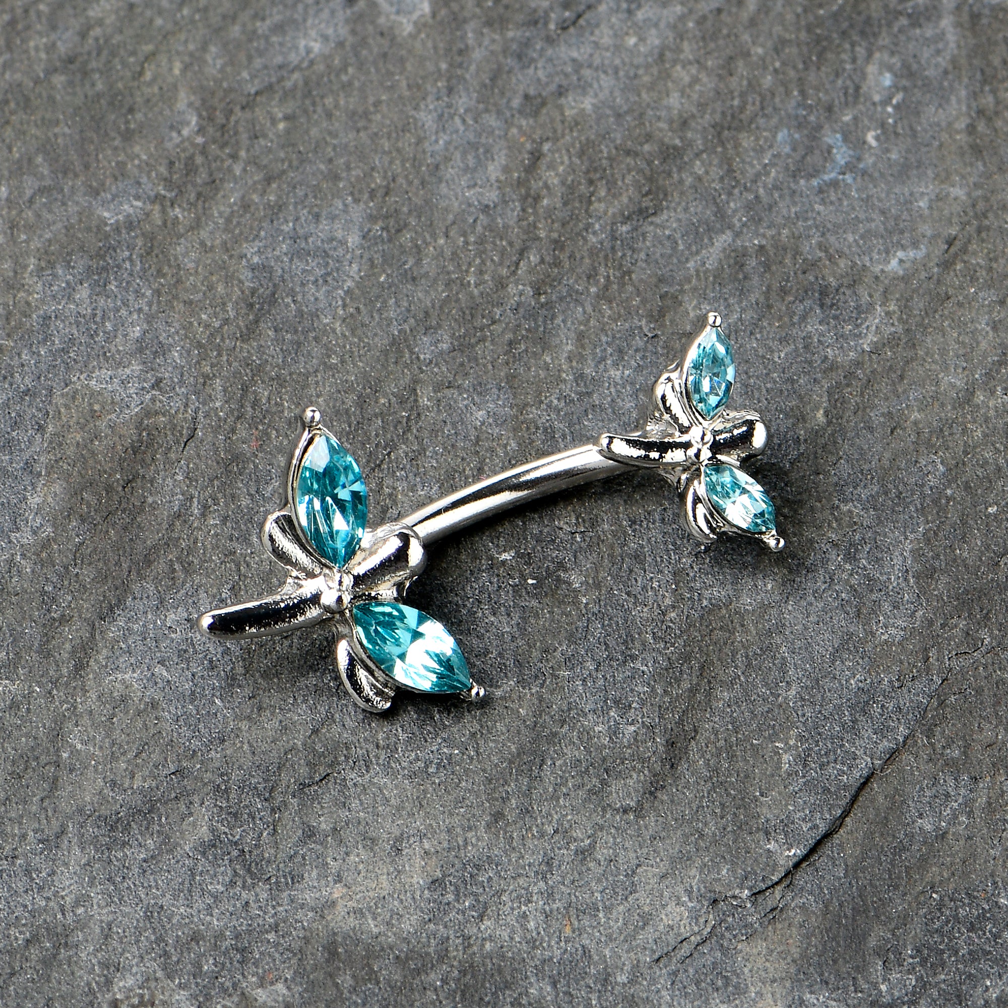 Blue Gem Simple Stylized Dragonfly Double Mount Belly Ring