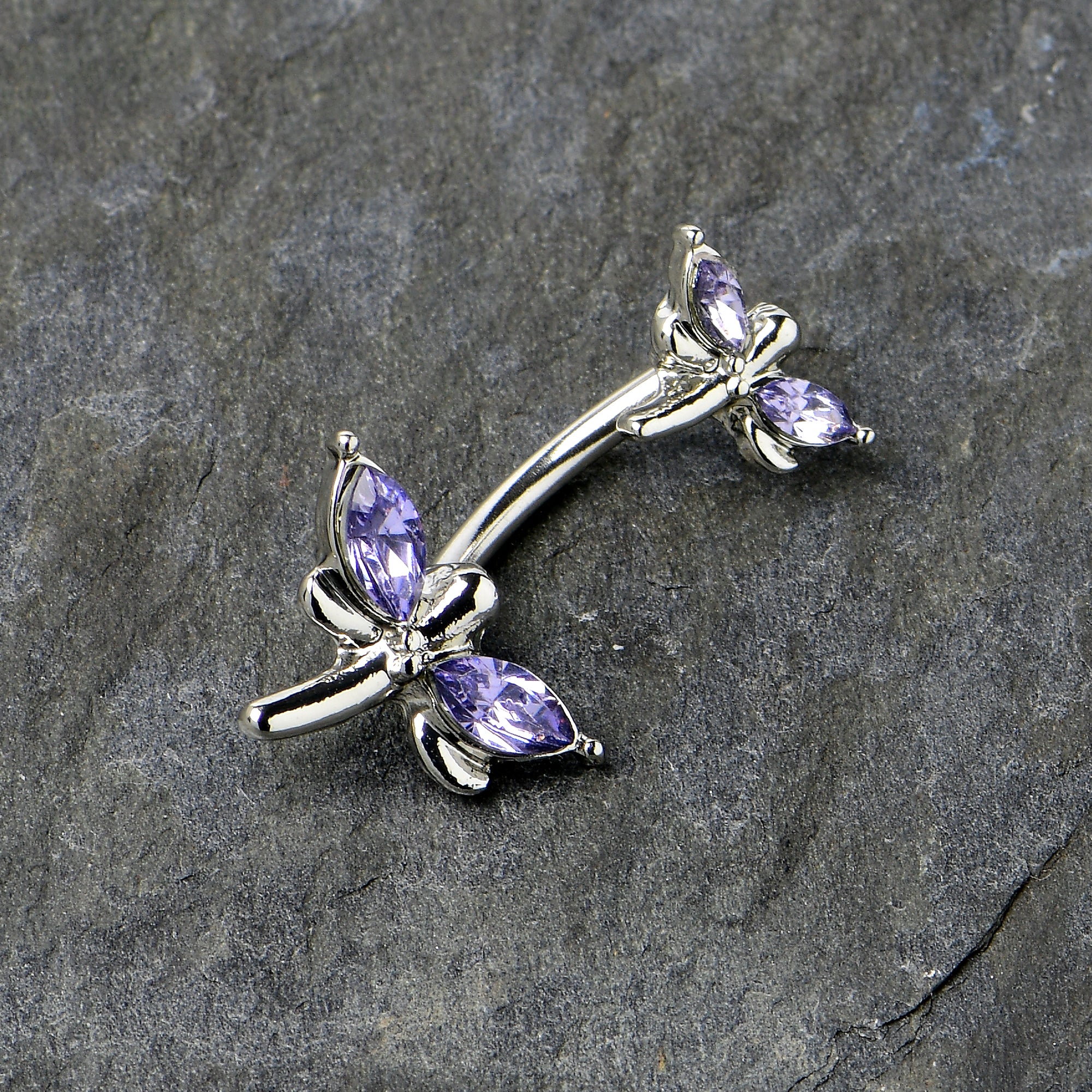 Purple Gem Simple Stylized Dragonfly Double Mount Belly Ring