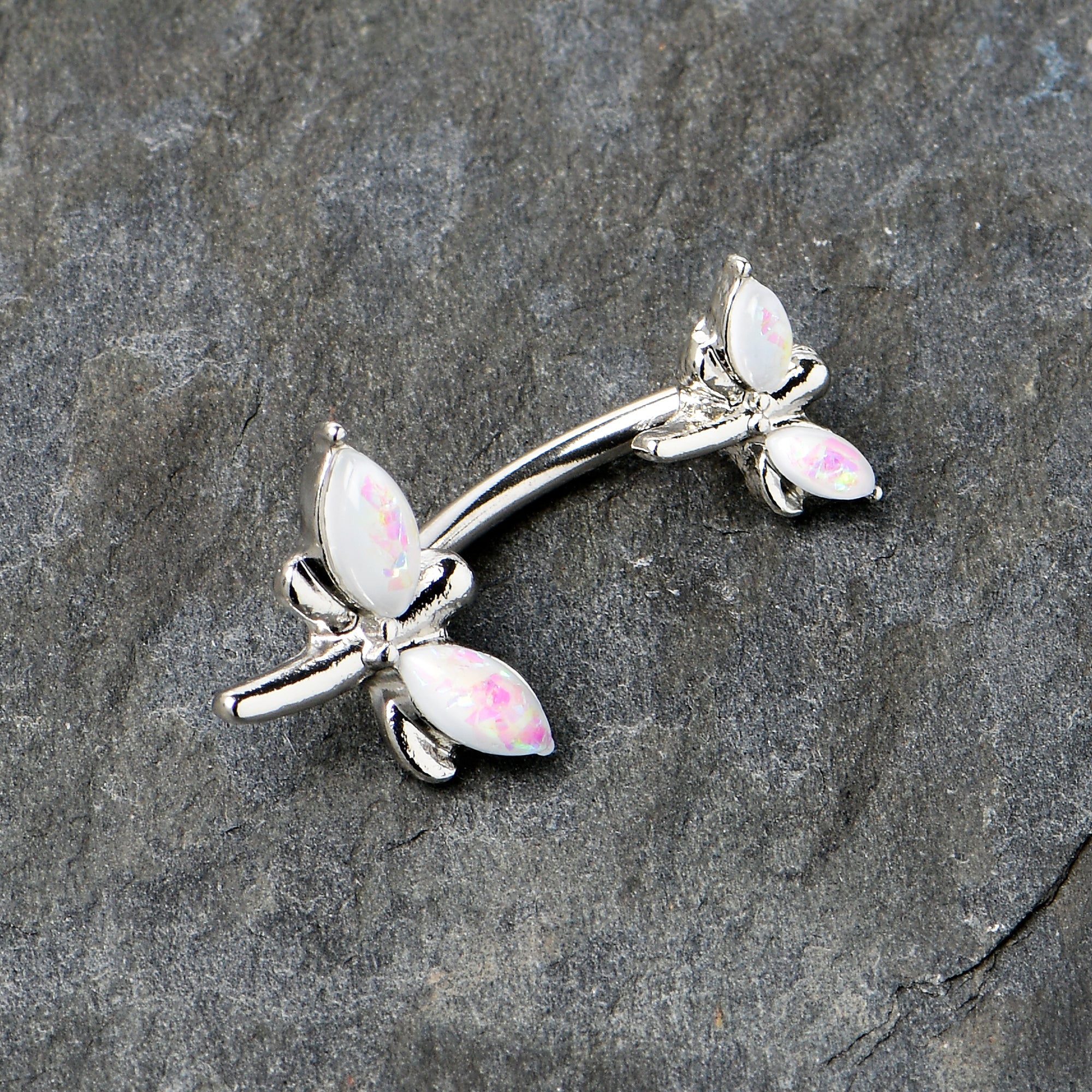 White Opalescent Simple Stylized Dragonfly Double Mount Belly Ring