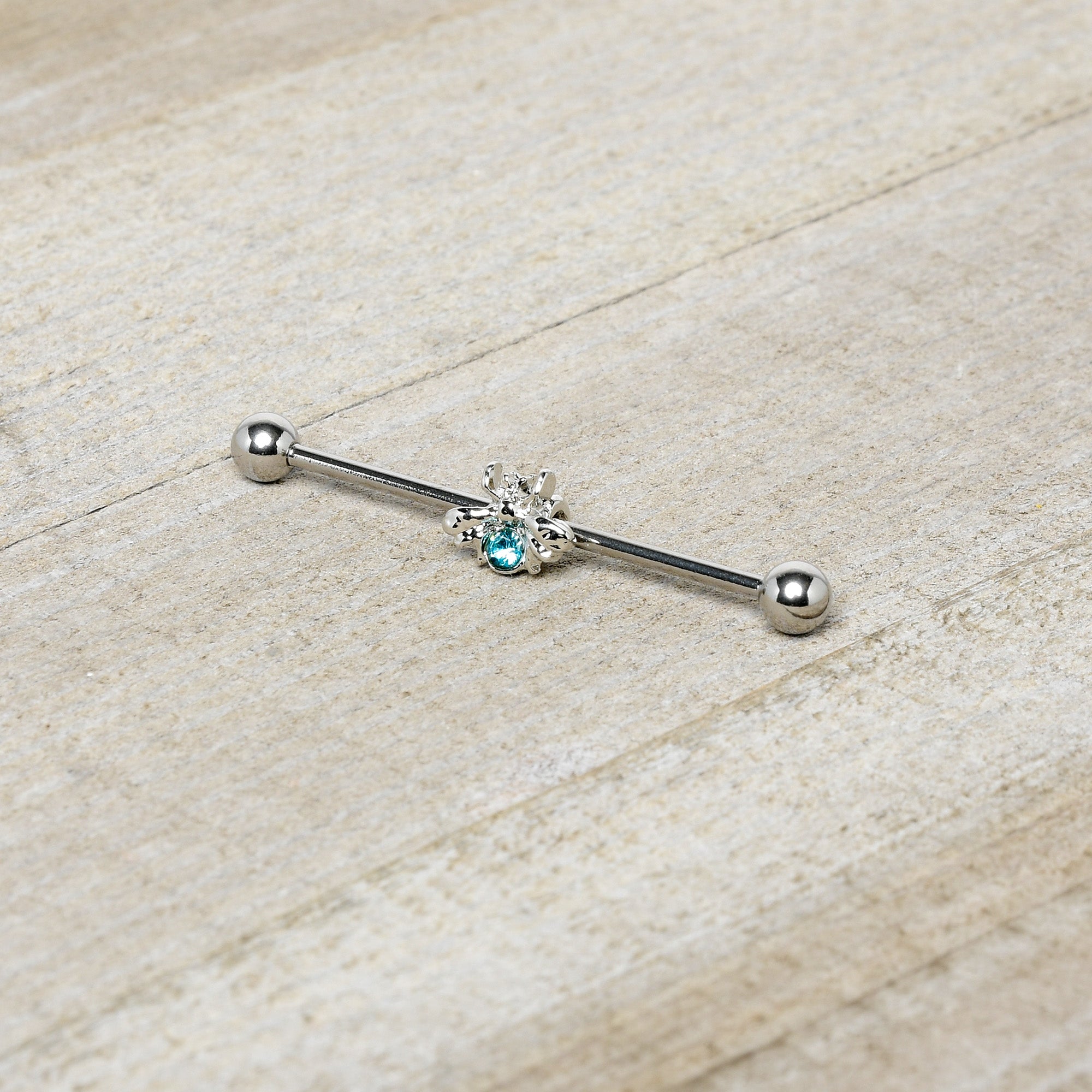 14 Gauge Blue Gem Bee Beautiful Insect Industrial Barbell 38mm