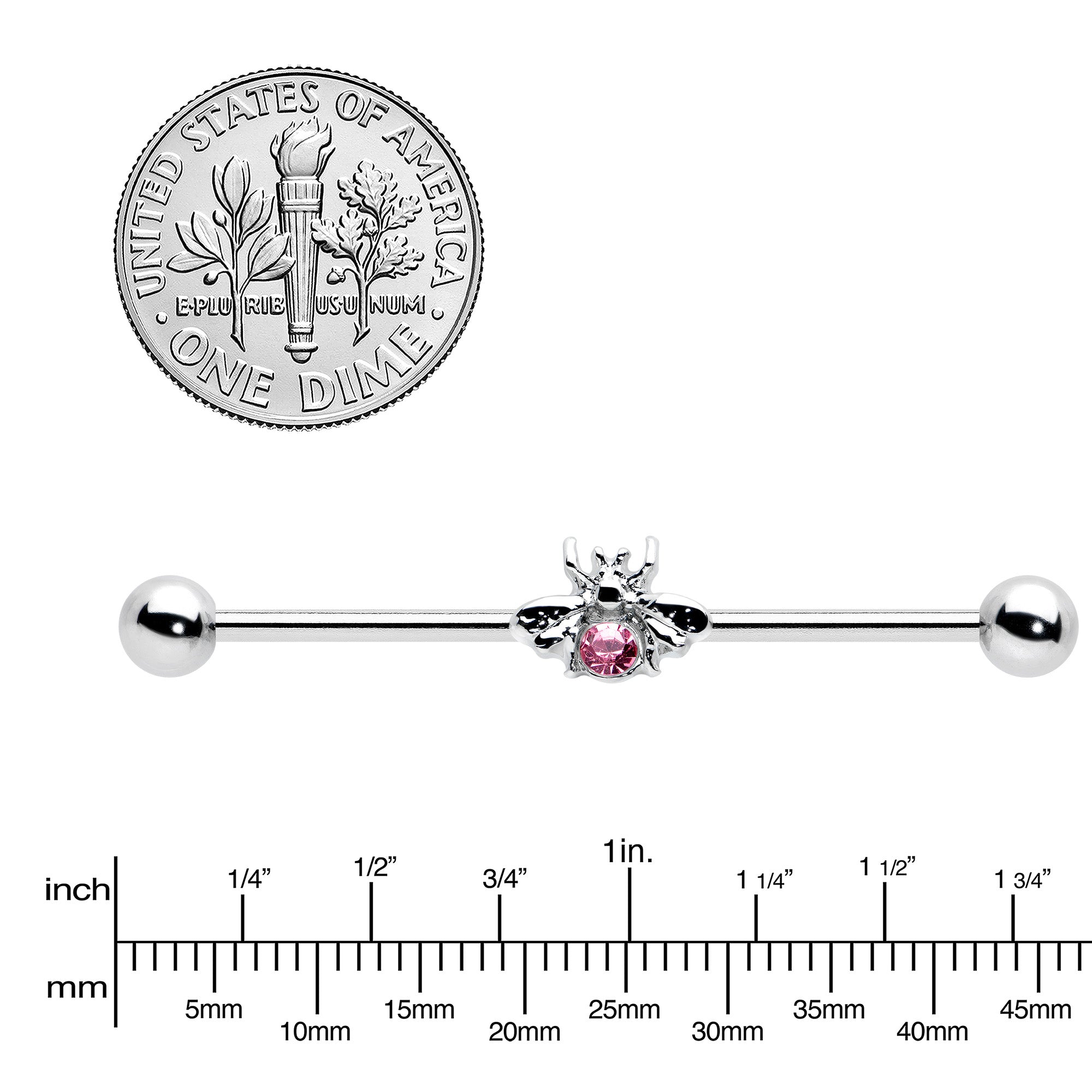 14 Gauge Pink Gem Bee Beautiful Insect Industrial Barbell 38mm