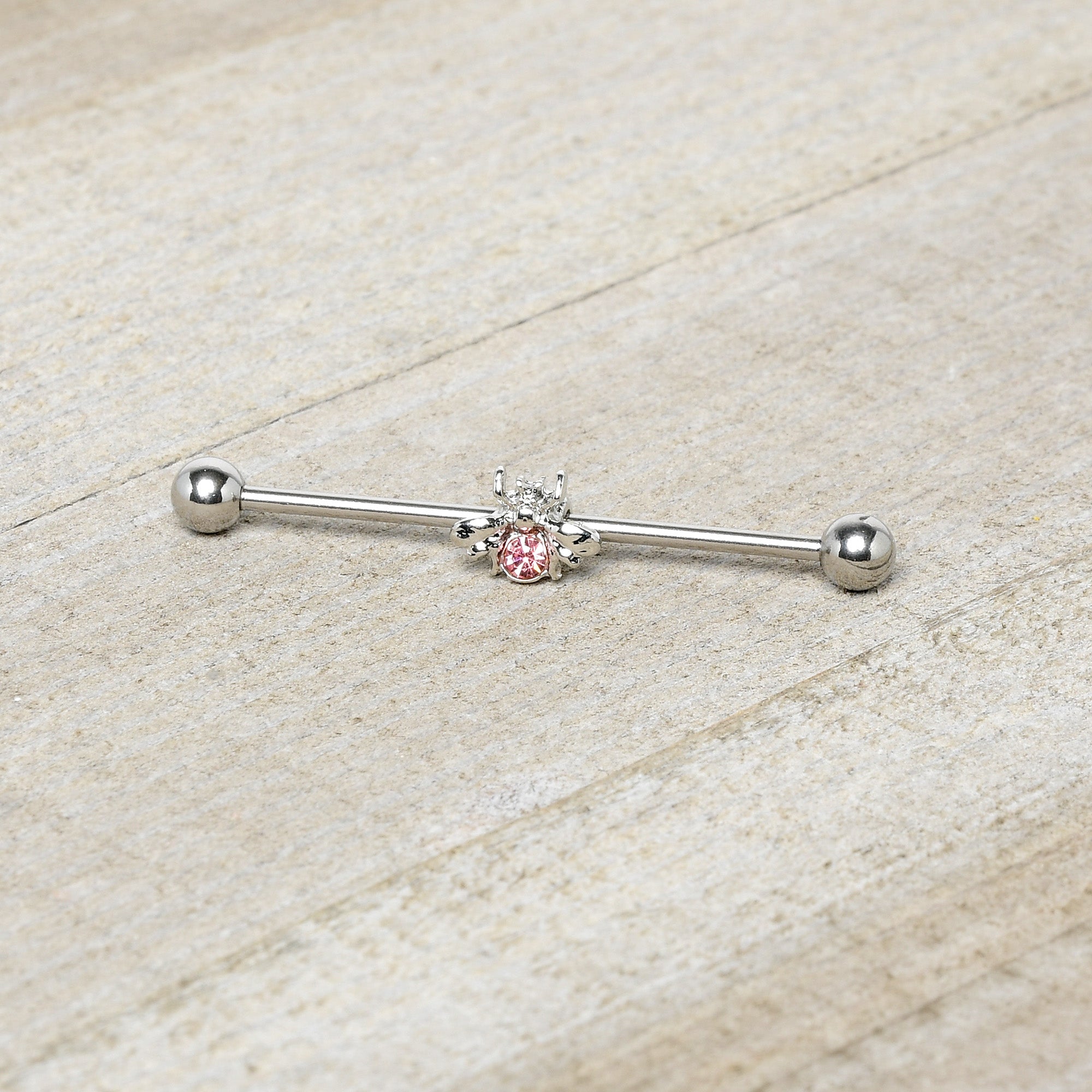 14 Gauge Pink Gem Bee Beautiful Insect Industrial Barbell 38mm