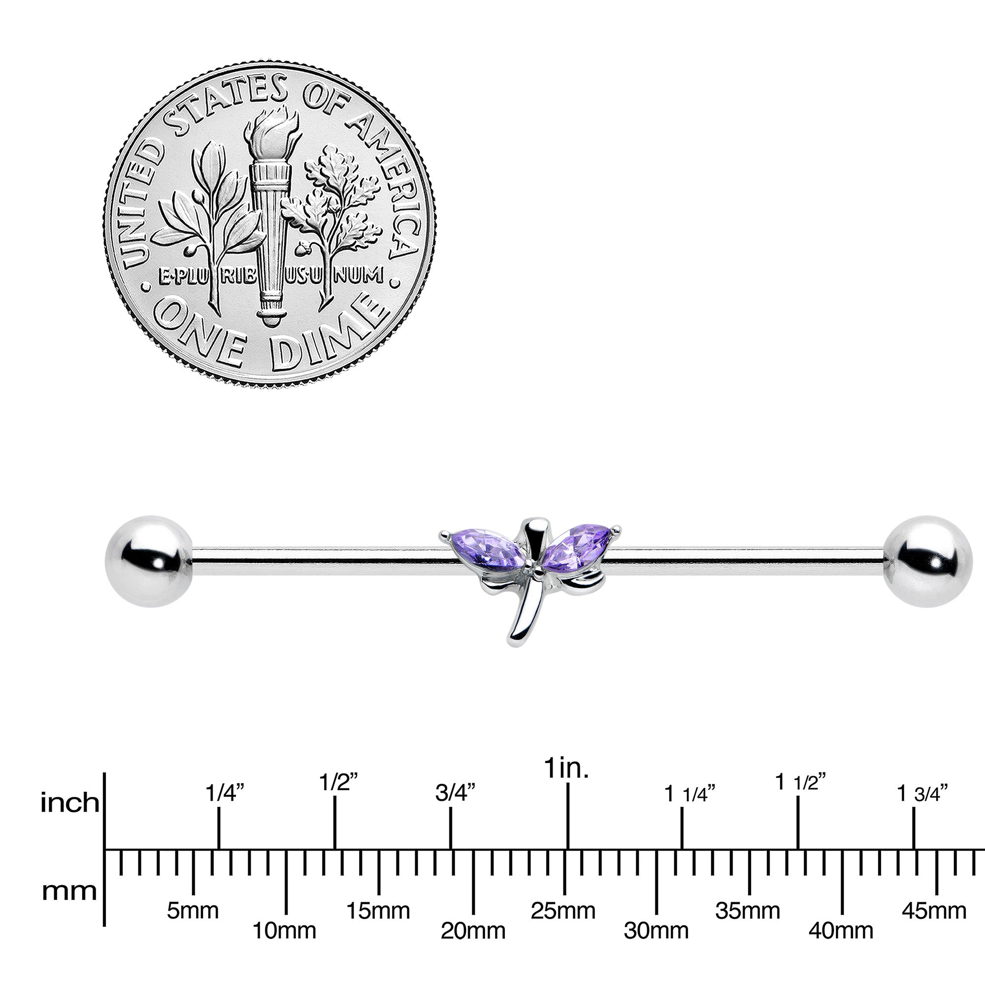 14 Gauge Purple Gem Simple Stylized Dragonfly Industrial Barbell 38mm