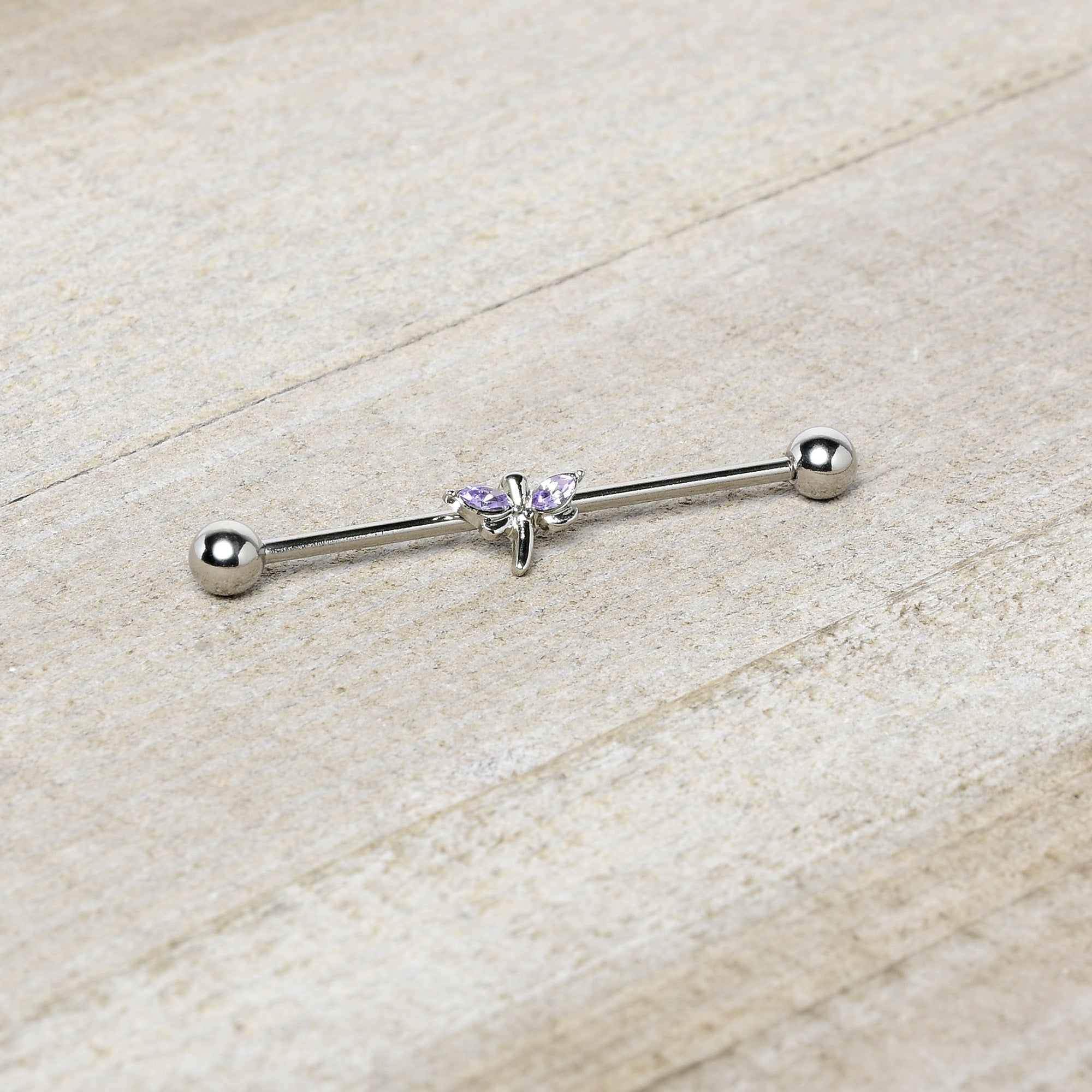 14 Gauge Purple Gem Simple Stylized Dragonfly Industrial Barbell 38mm