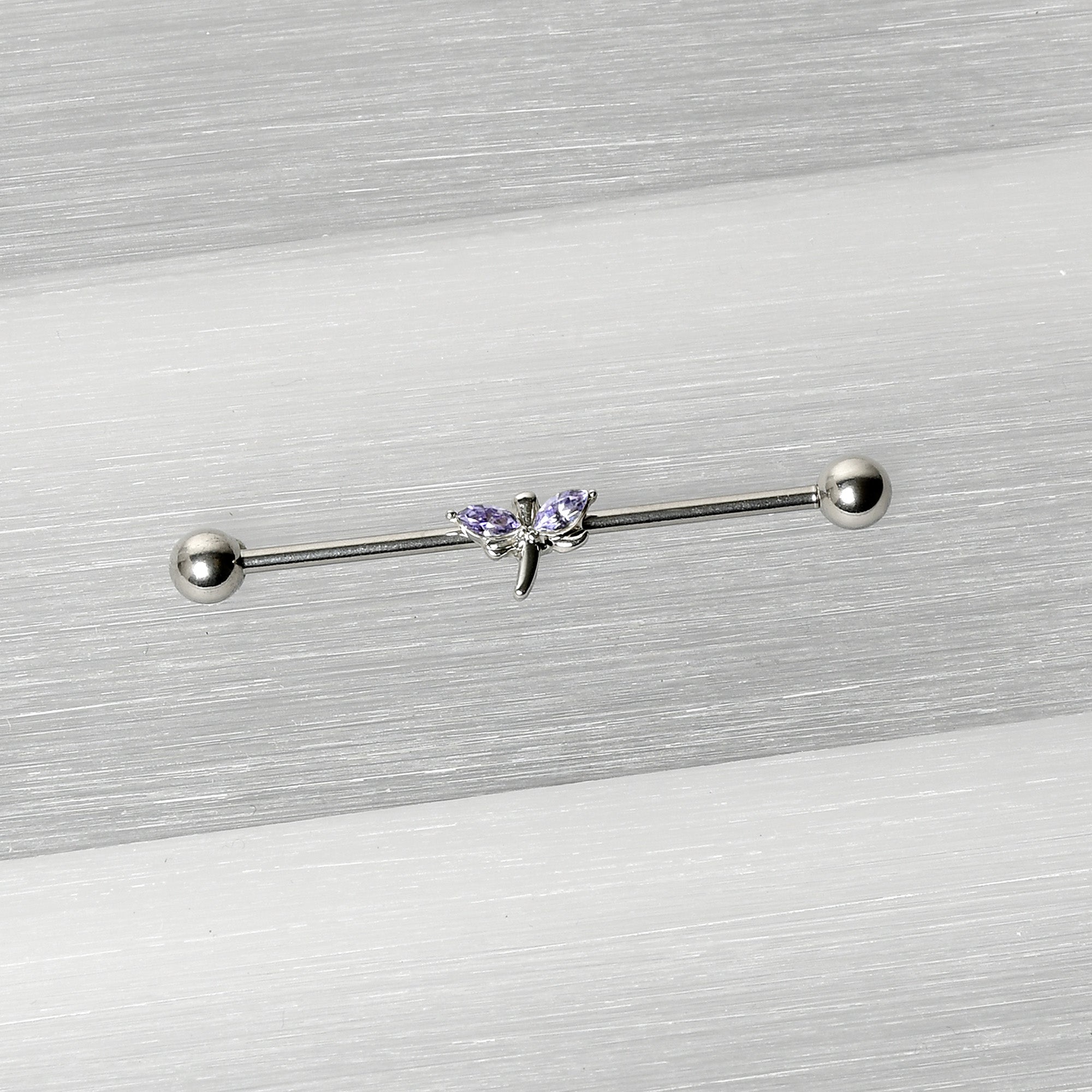 14 Gauge Purple Gem Simple Stylized Dragonfly Industrial Barbell 38mm