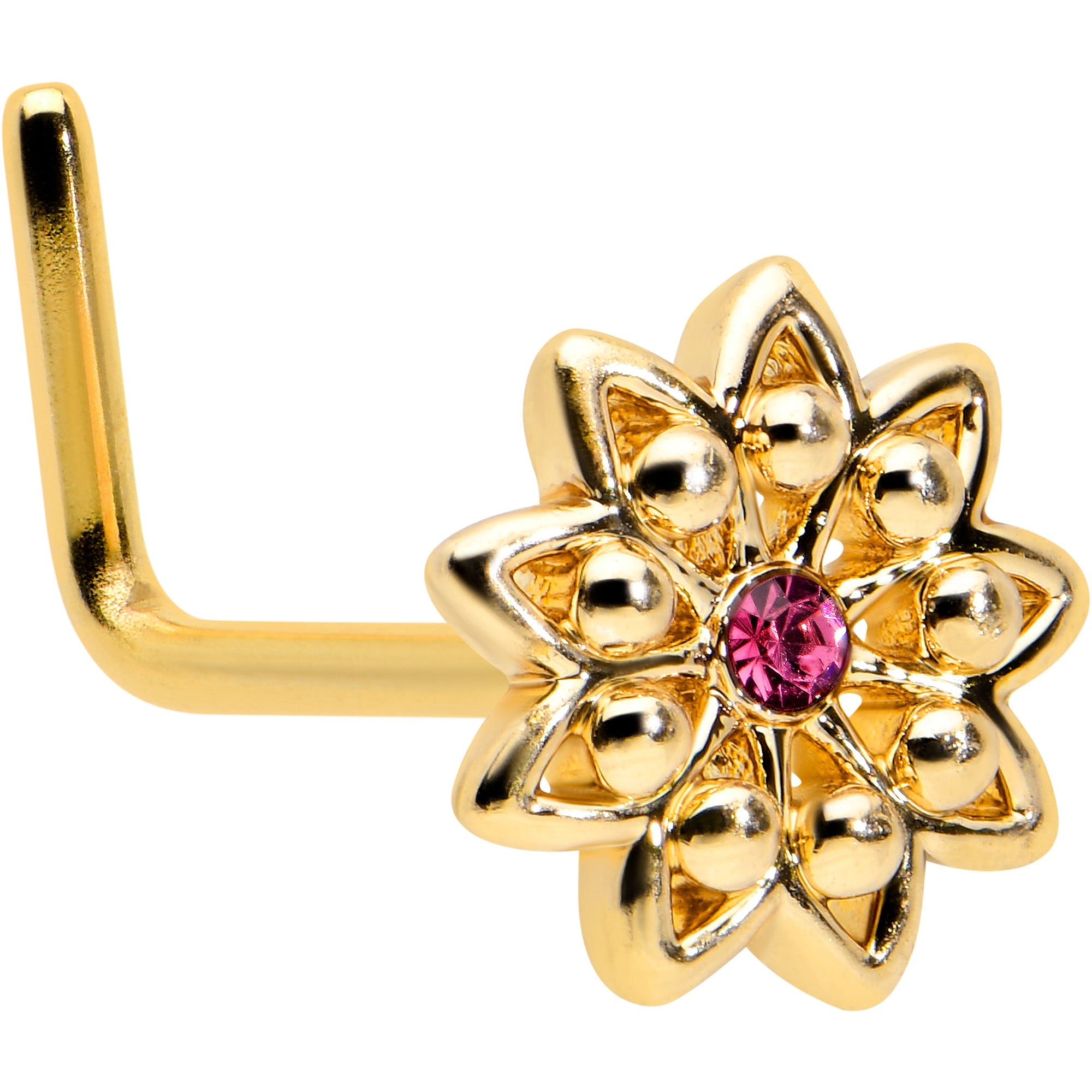 20 Gauge 7mm Pink Gem Gold Tone Starry Flower L Shape Nose Ring