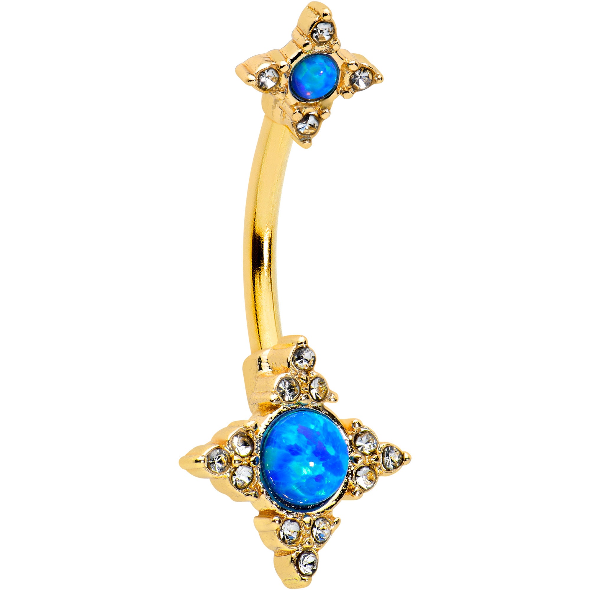 Blue Synthetic Opal Gold Tone Rhombus Duo Double Mount Belly Ring