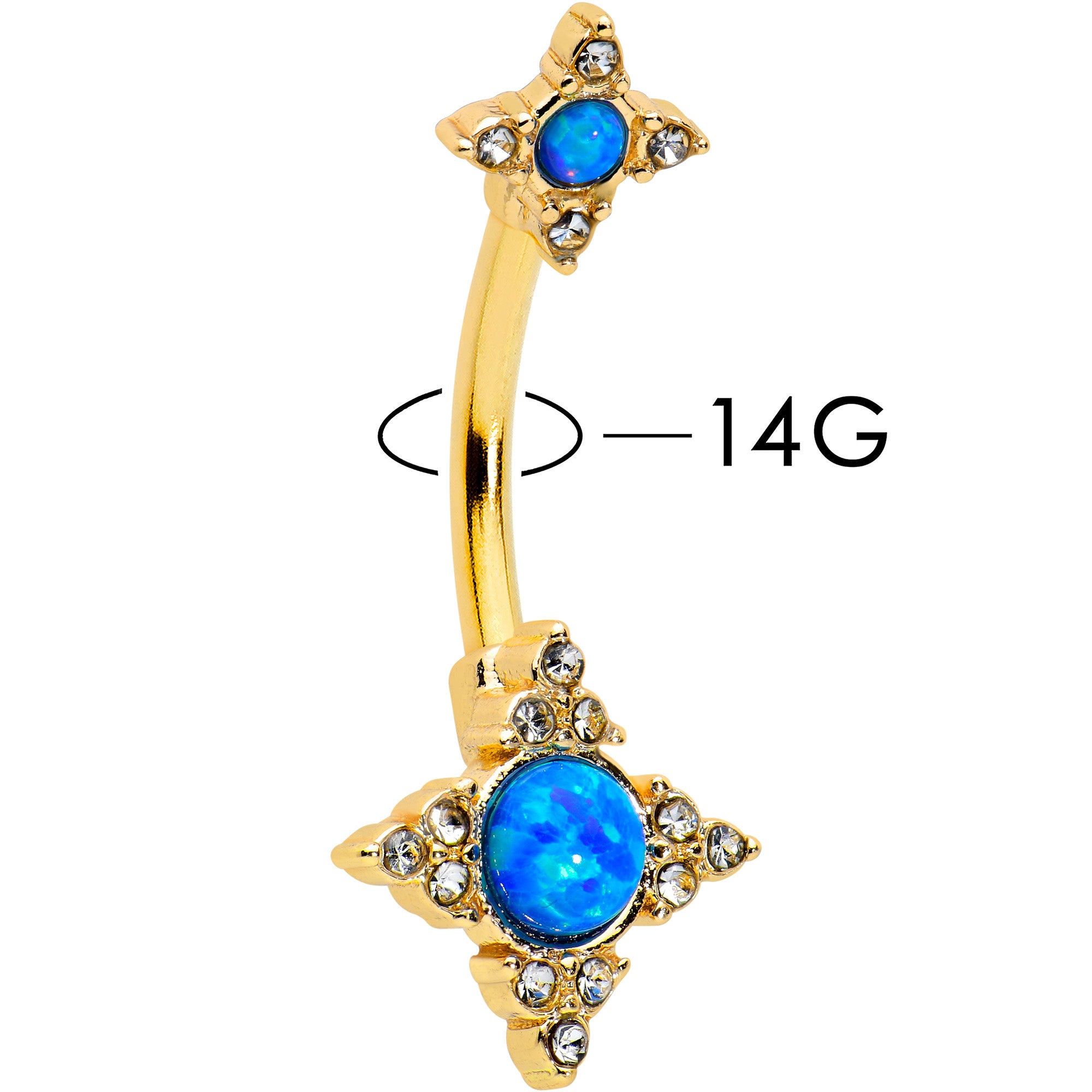 Blue Synthetic Opal Gold Tone Rhombus Duo Double Mount Belly Ring