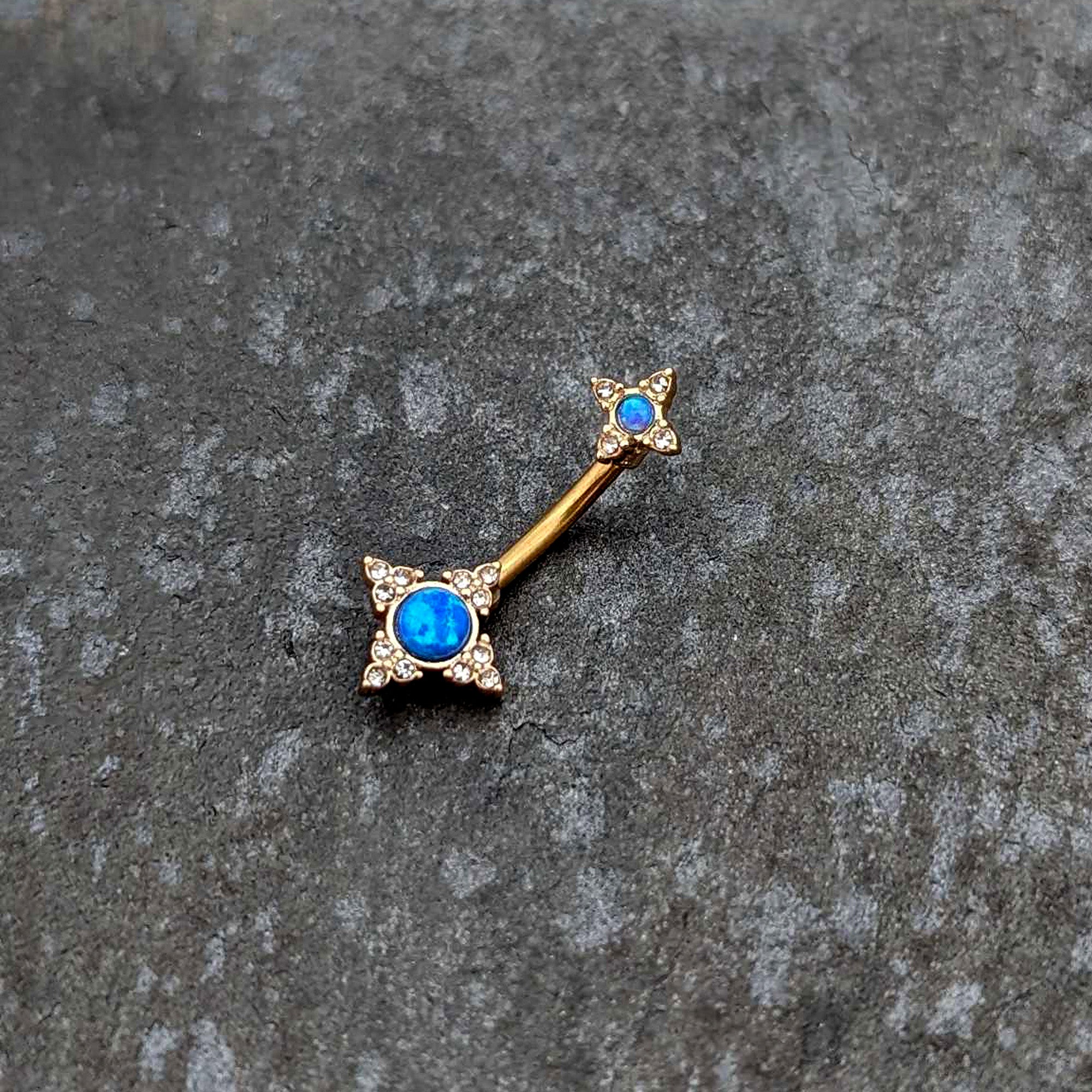 Blue Synthetic Opal Gold Tone Rhombus Duo Double Mount Belly Ring