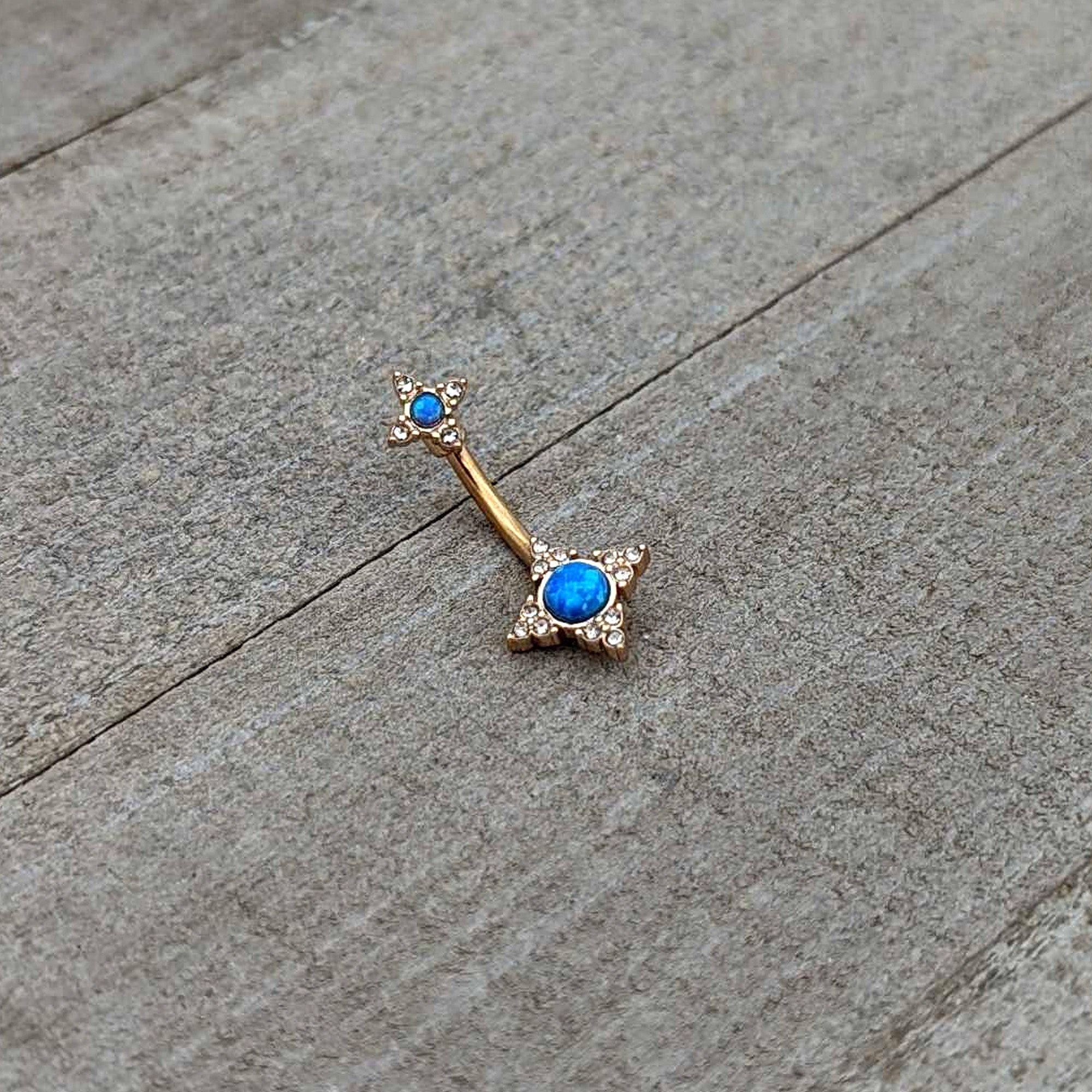 Blue Synthetic Opal Gold Tone Rhombus Duo Double Mount Belly Ring