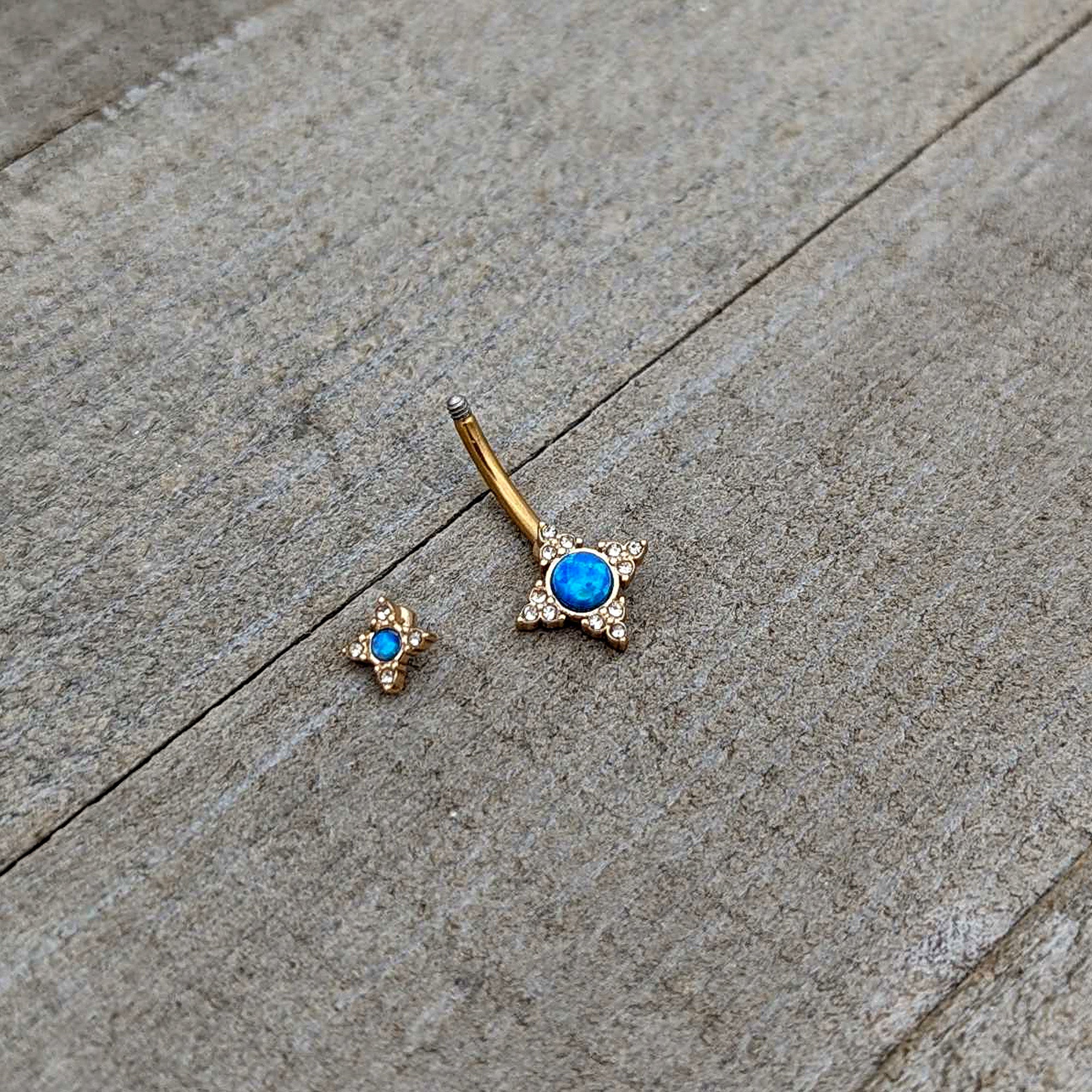 Blue Synthetic Opal Gold Tone Rhombus Duo Double Mount Belly Ring