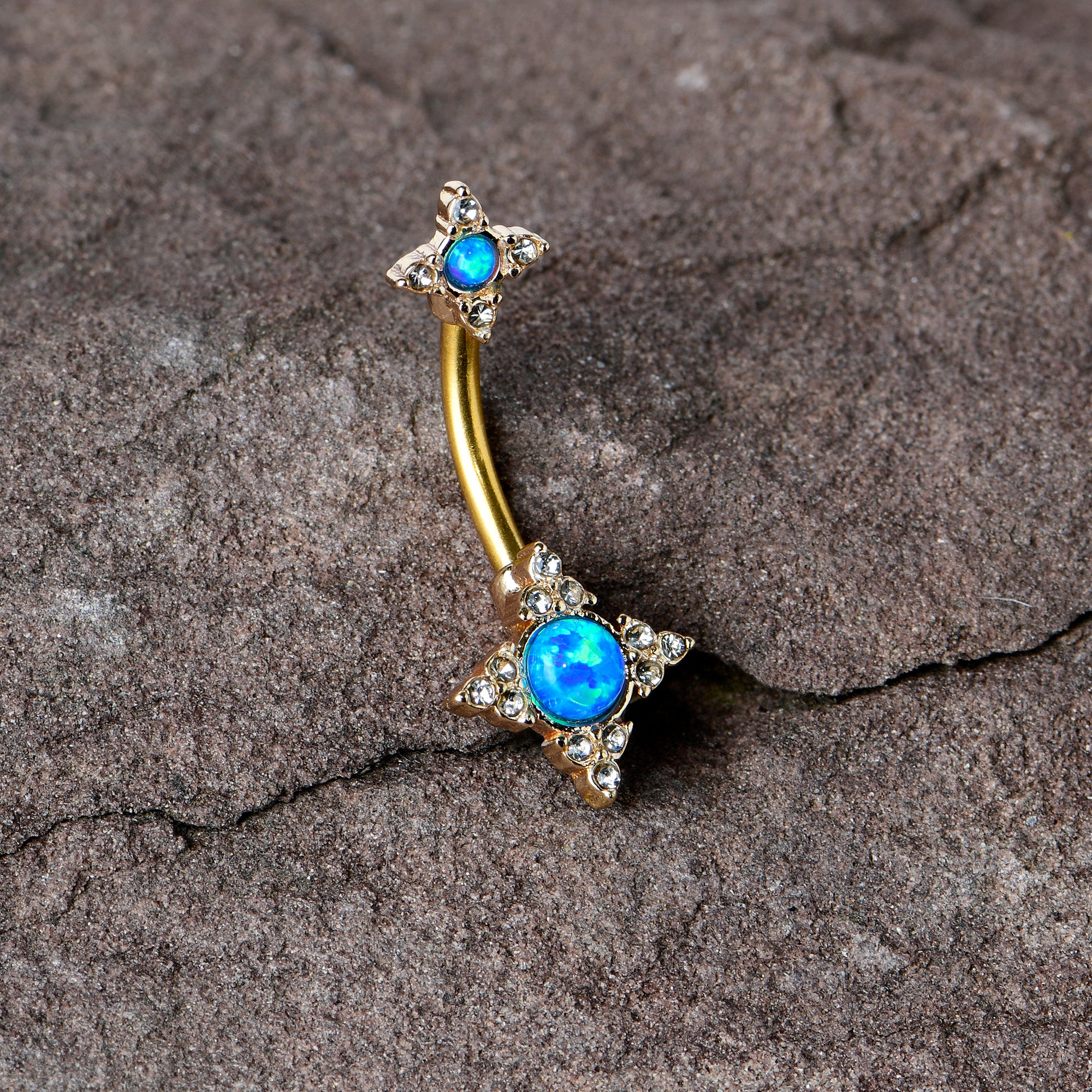 Blue Synthetic Opal Gold Tone Rhombus Duo Double Mount Belly Ring