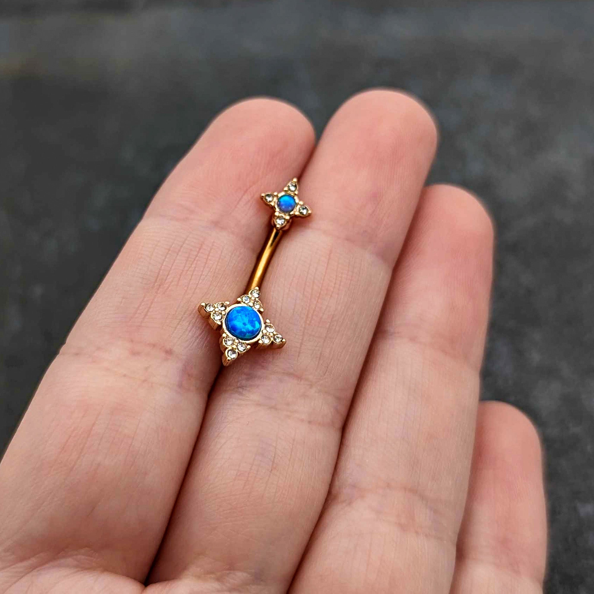 Blue Synthetic Opal Gold Tone Rhombus Duo Double Mount Belly Ring