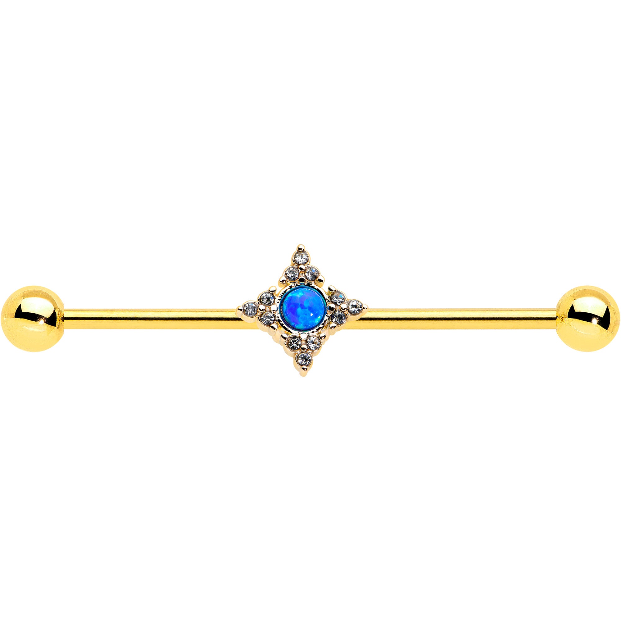 14 Gauge Blue Synthetic Opal Gold Tone Rhombus Industrial Barbell 38mm