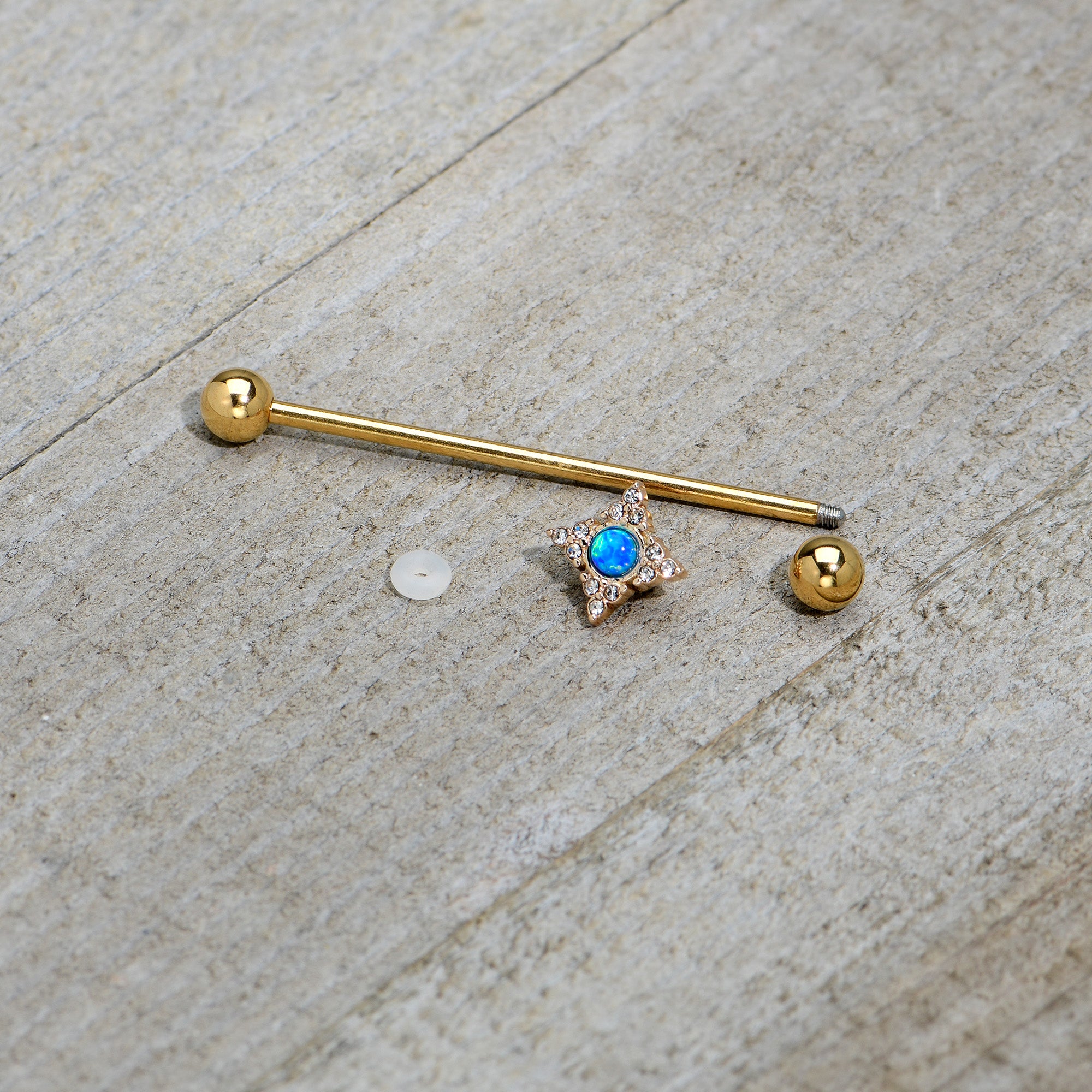 14 Gauge Blue Synthetic Opal Gold Tone Rhombus Industrial Barbell 38mm