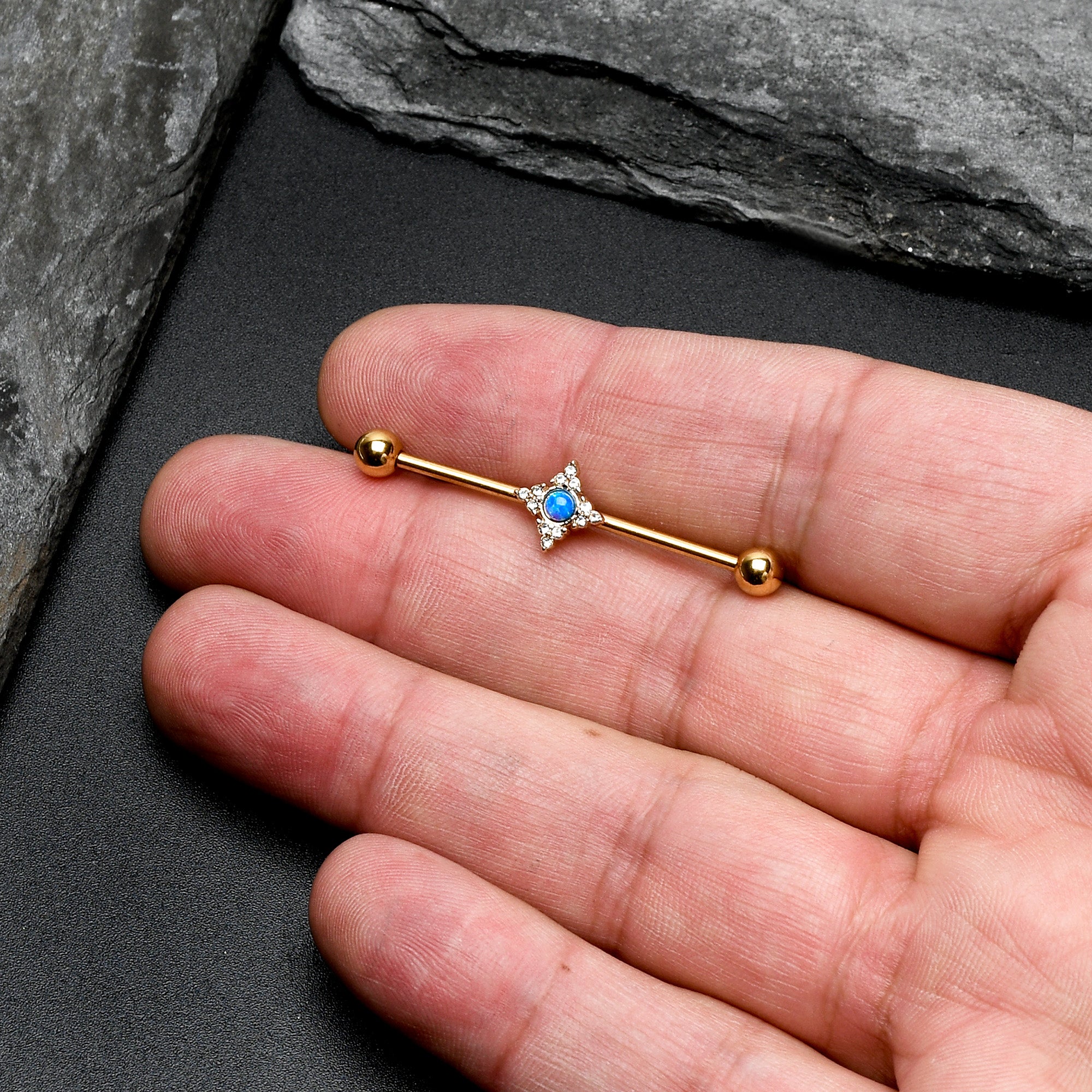 14 Gauge Blue Synthetic Opal Gold Tone Rhombus Industrial Barbell 38mm