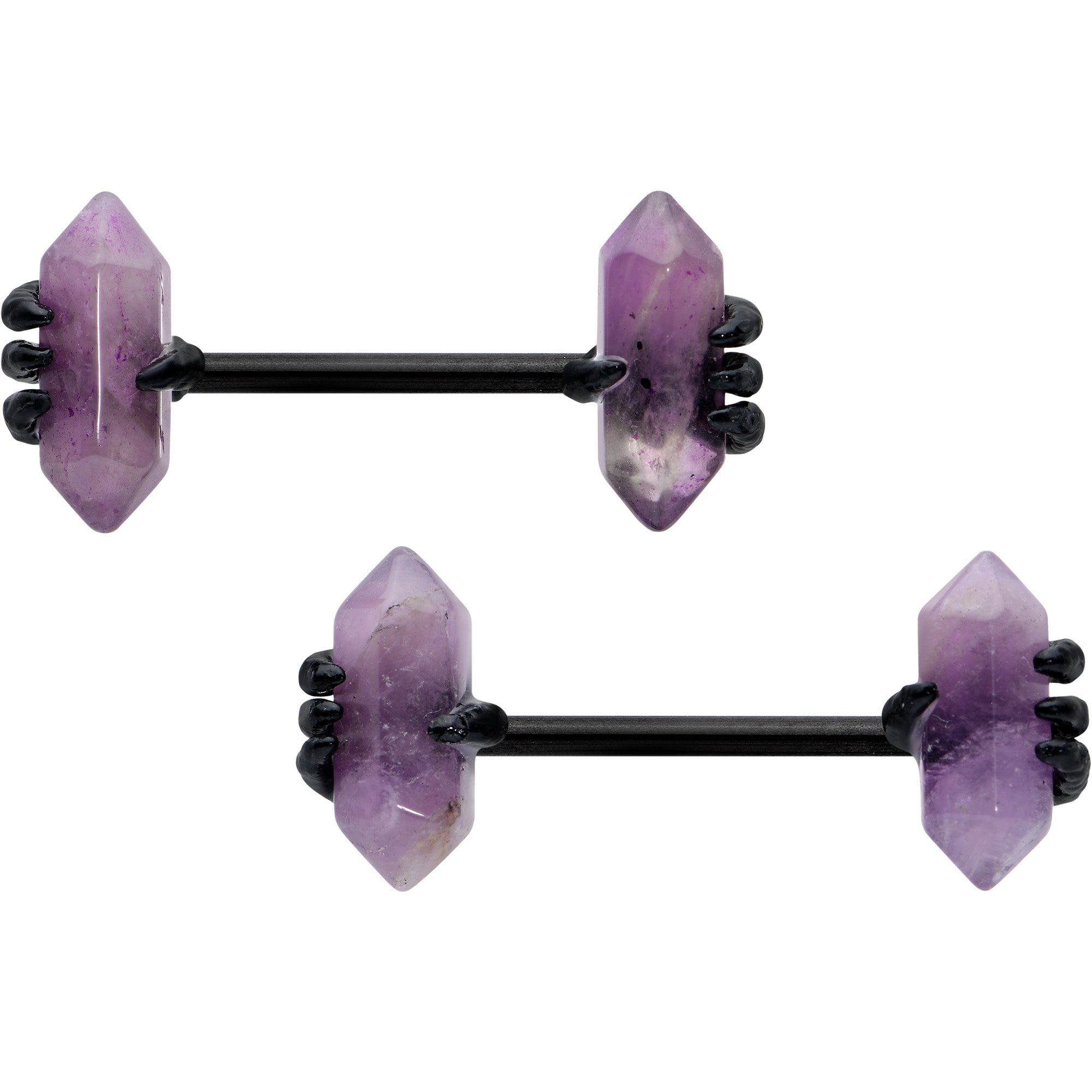 14 Gauge 9/16 Purple Amethyst Black Claw Obelisk Barbell Nipple Ring Set