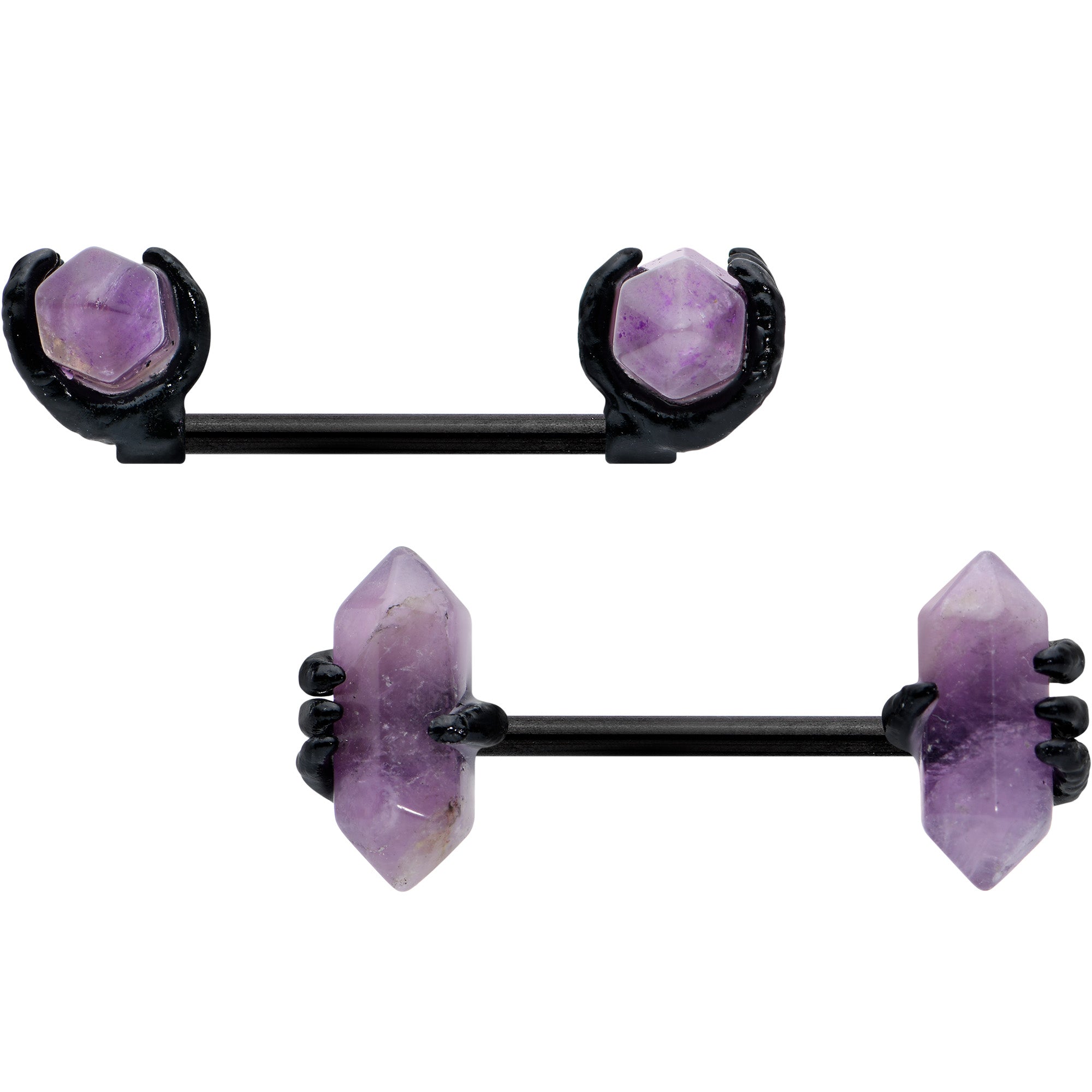 14 Gauge 9/16 Purple Amethyst Black Claw Obelisk Barbell Nipple Ring Set