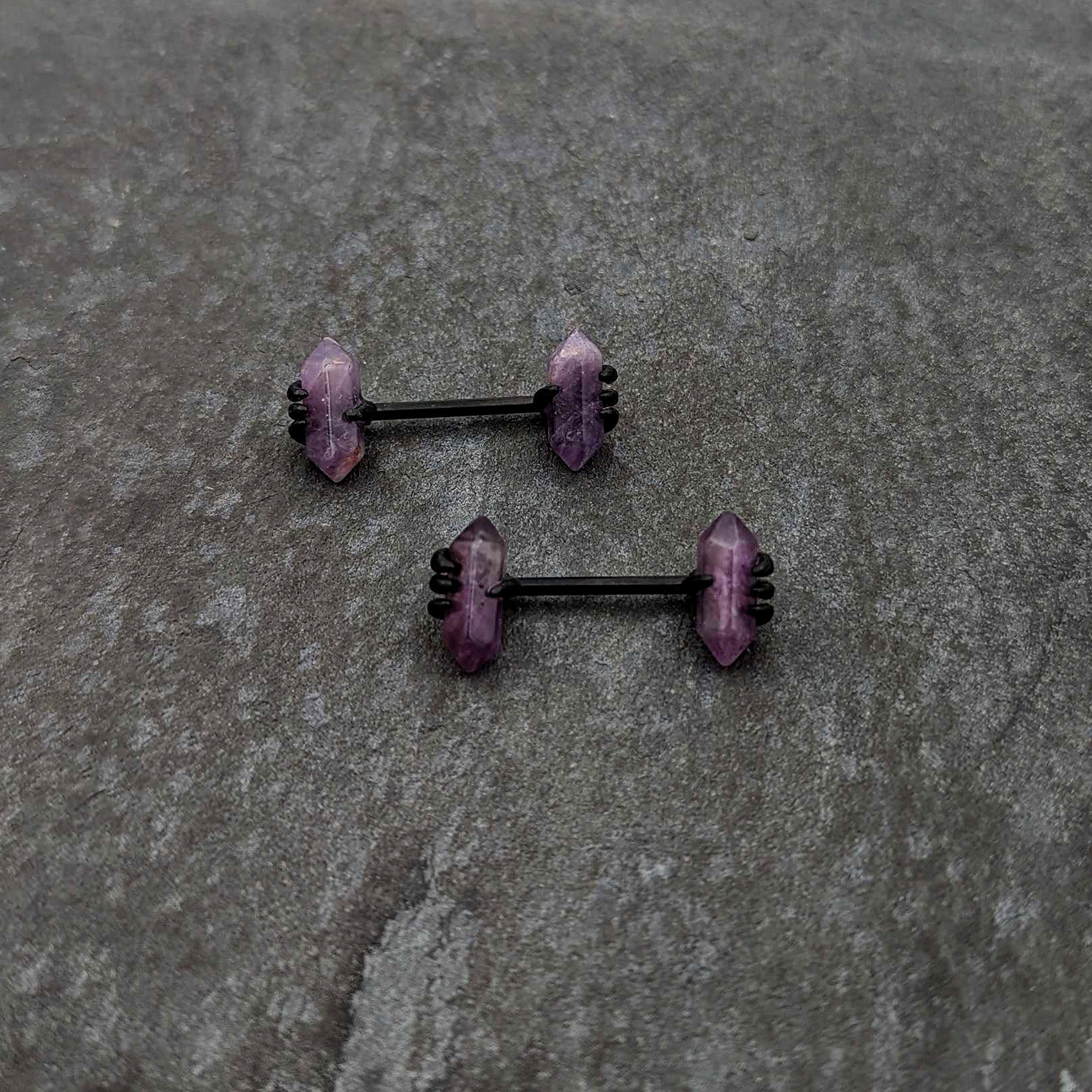 14 Gauge 9/16 Purple Amethyst Black Claw Obelisk Barbell Nipple Ring Set