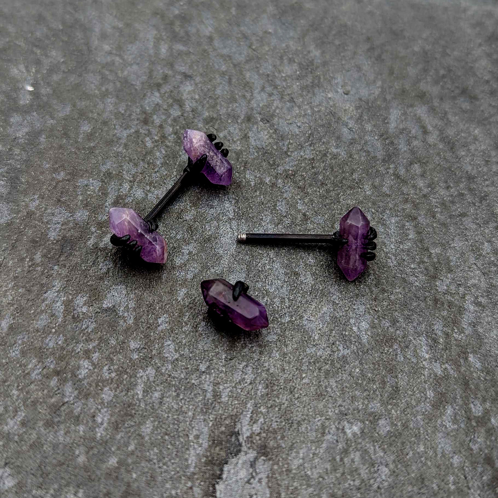 14 Gauge 9/16 Purple Amethyst Black Claw Obelisk Barbell Nipple Ring Set