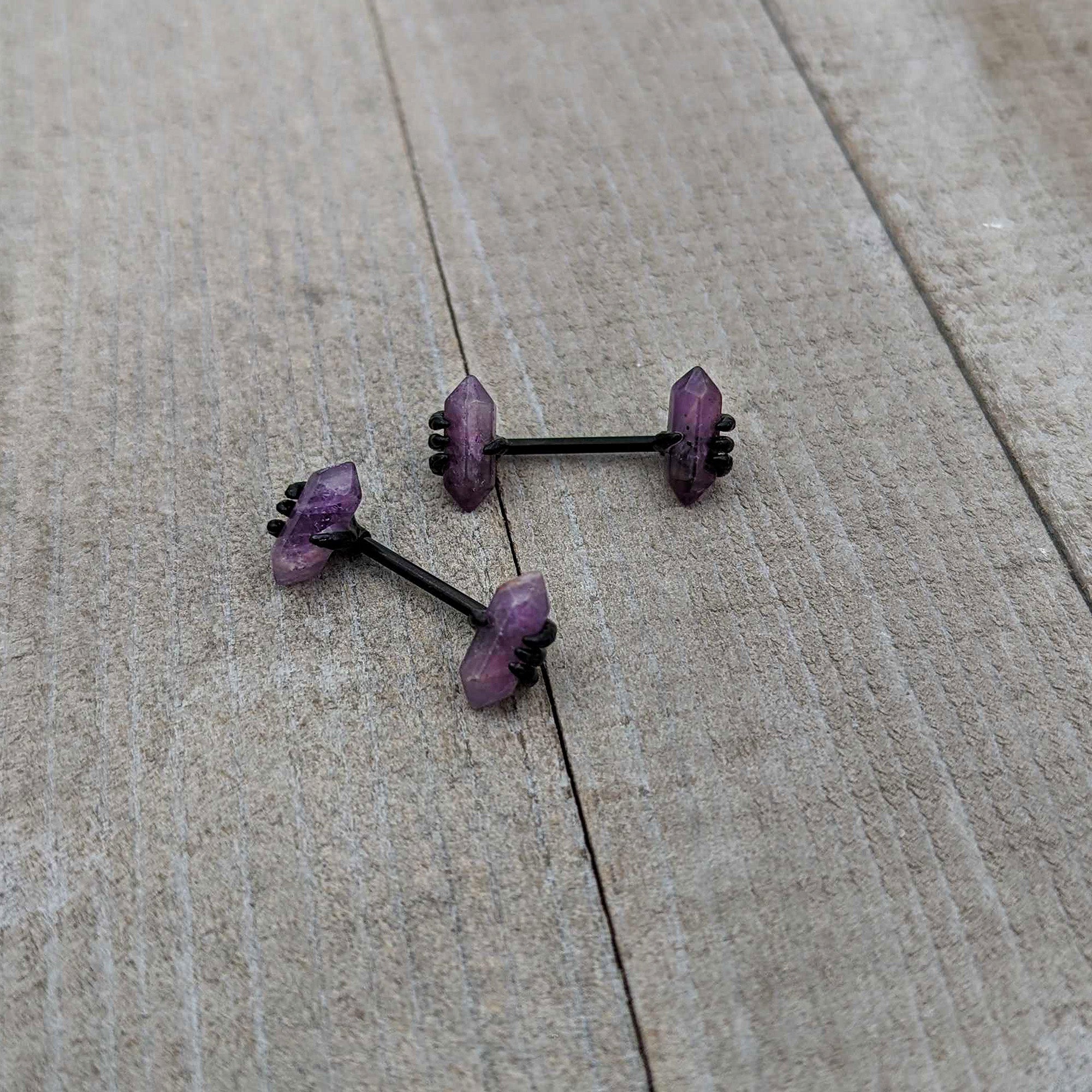 14 Gauge 9/16 Purple Amethyst Black Claw Obelisk Barbell Nipple Ring Set