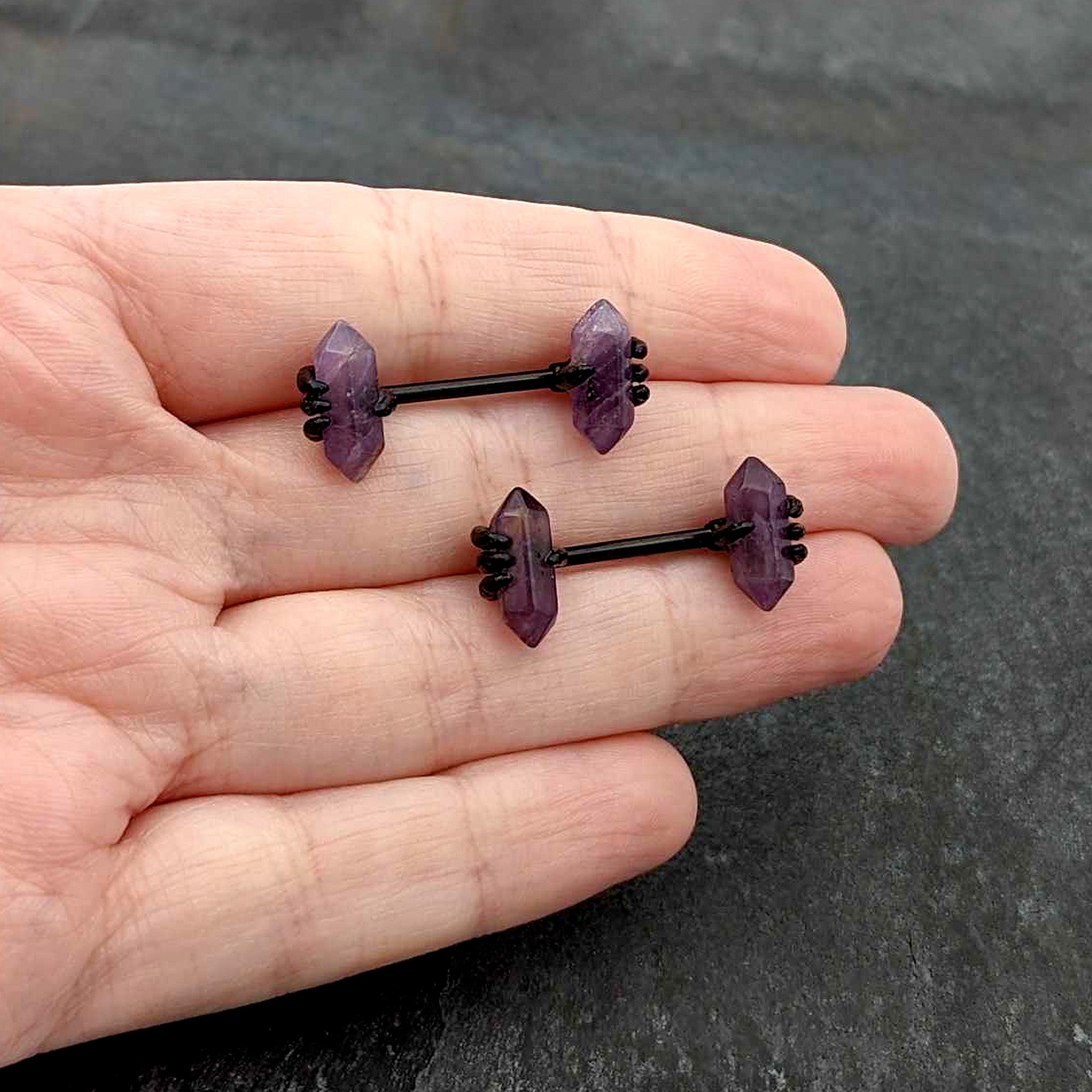 14 Gauge 9/16 Purple Amethyst Black Claw Obelisk Barbell Nipple Ring Set