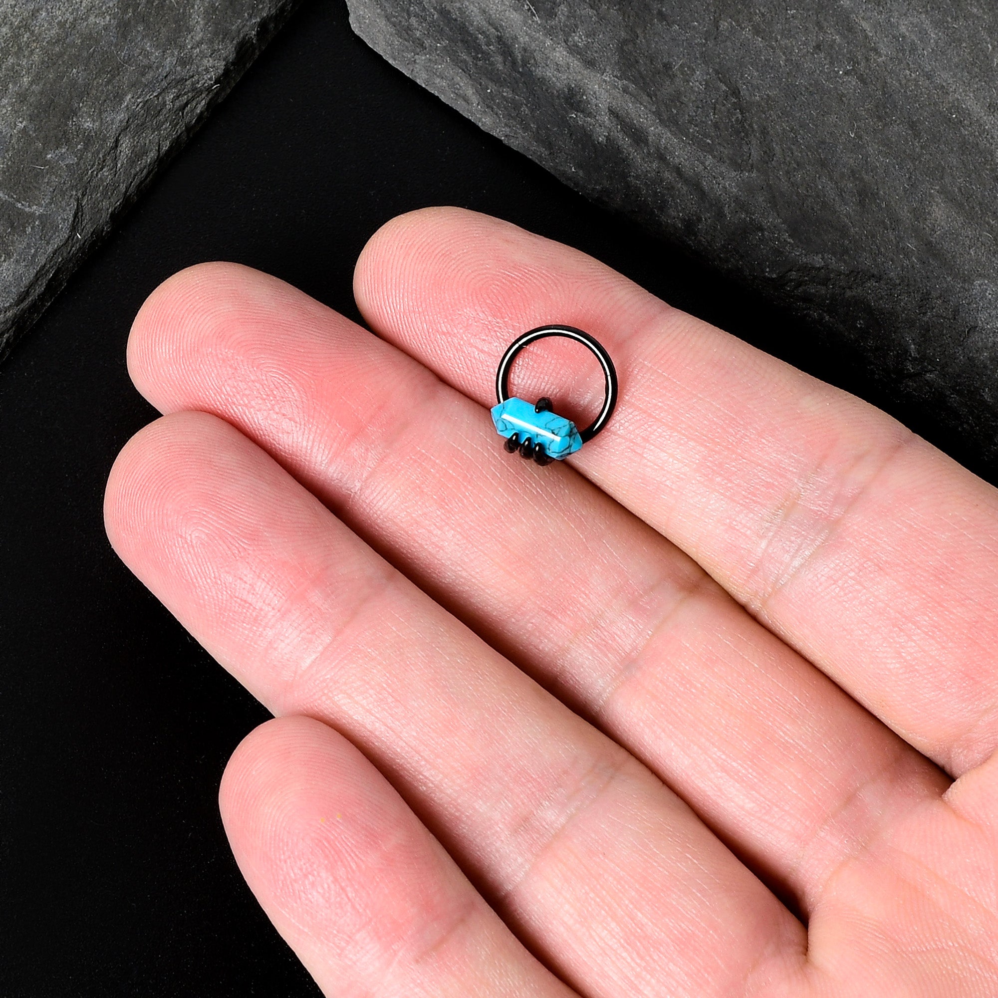 16 Gauge 3/8 Blue Turquoise Black Claw Obelisk Hinged Segment Ring