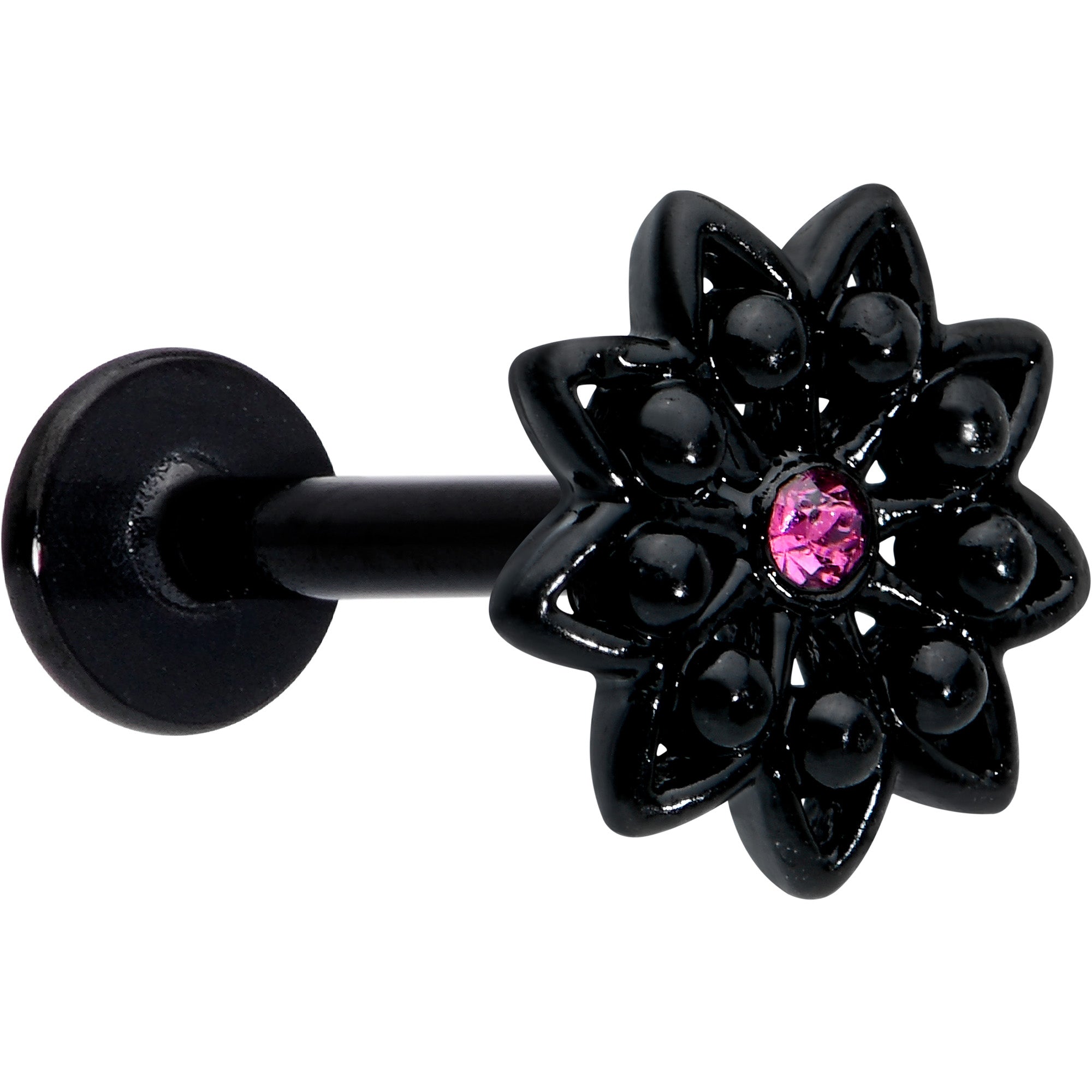 16 Gauge 5/16 Pink Gem Black Midnight Flower Labret Monroe Tragus