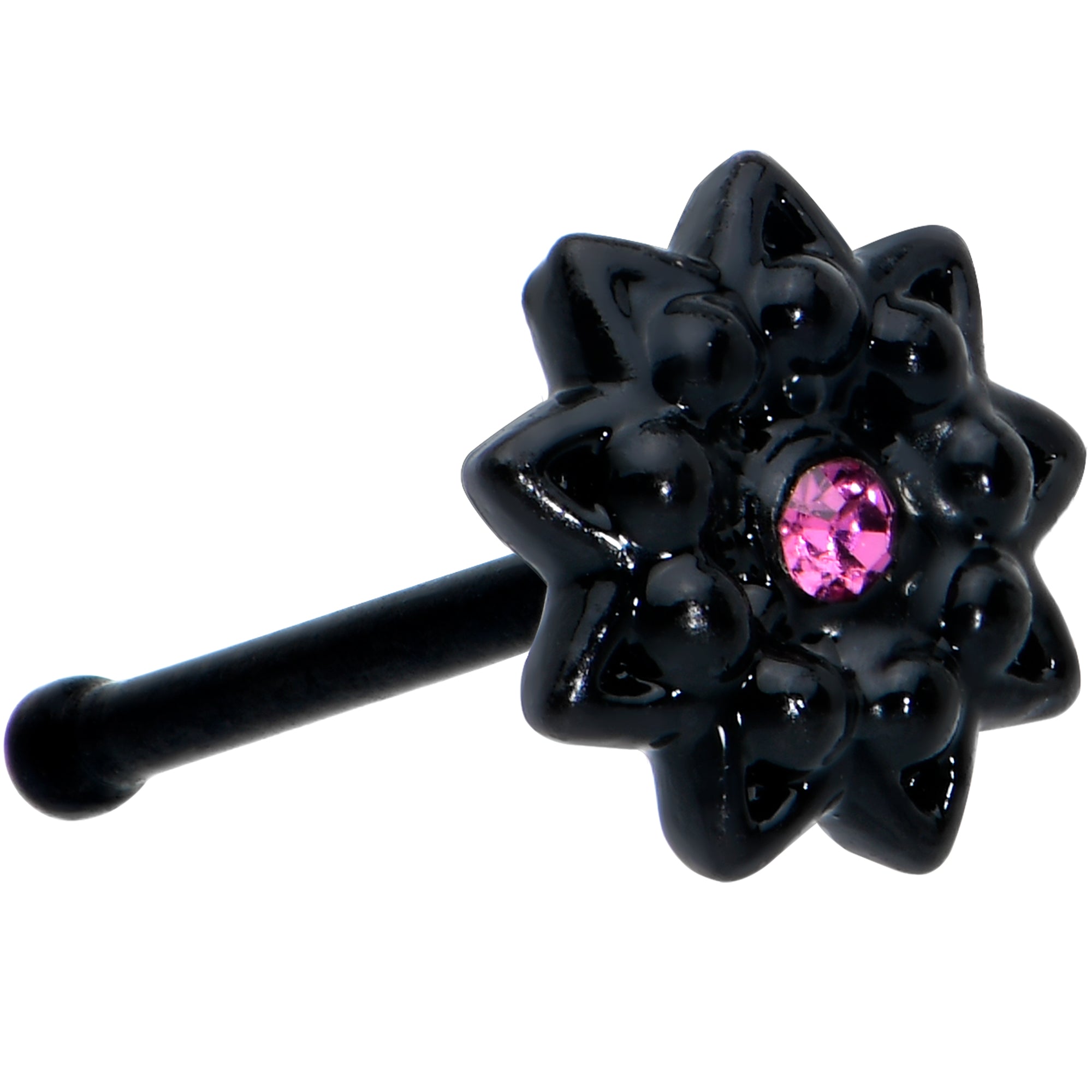 20 Gauge 1/4 Pink Gem Black Starry Flower Halloween Nose Bone