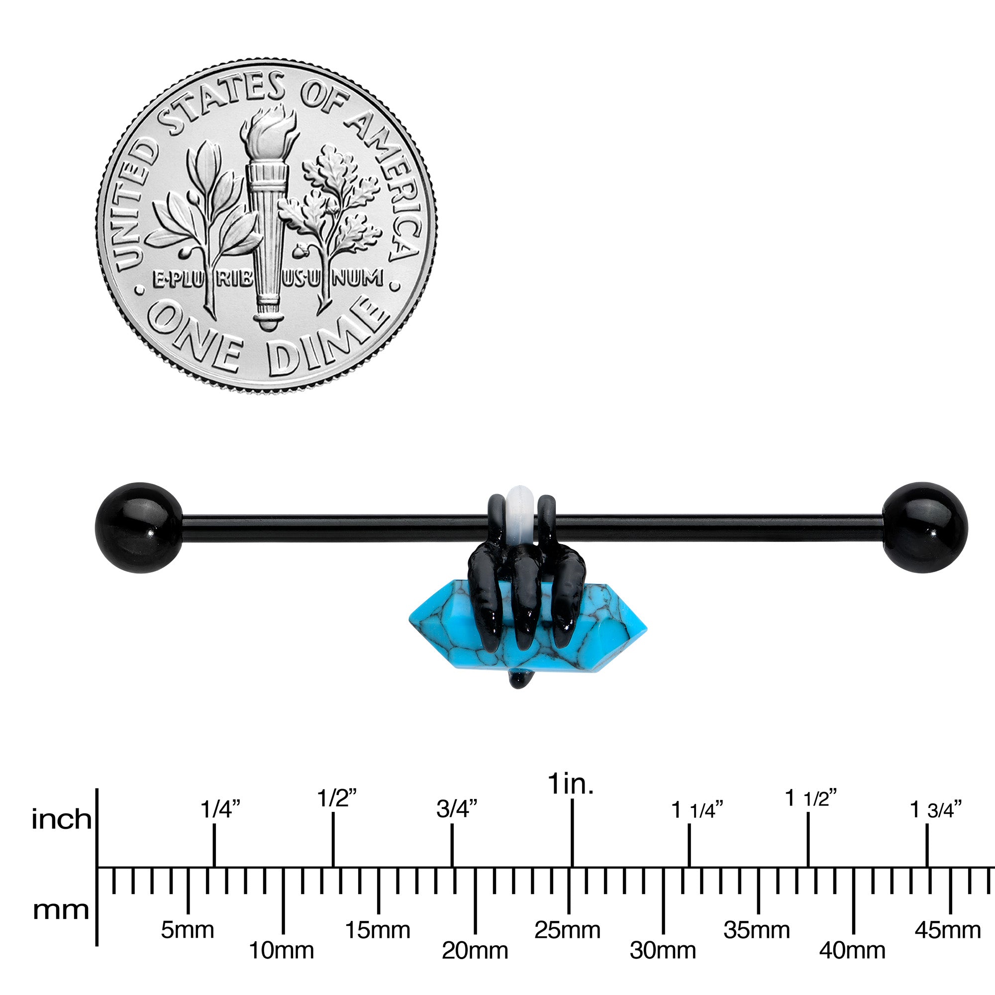 14 Gauge Blue Turquoise Black Claw Industrial Barbell 38mm