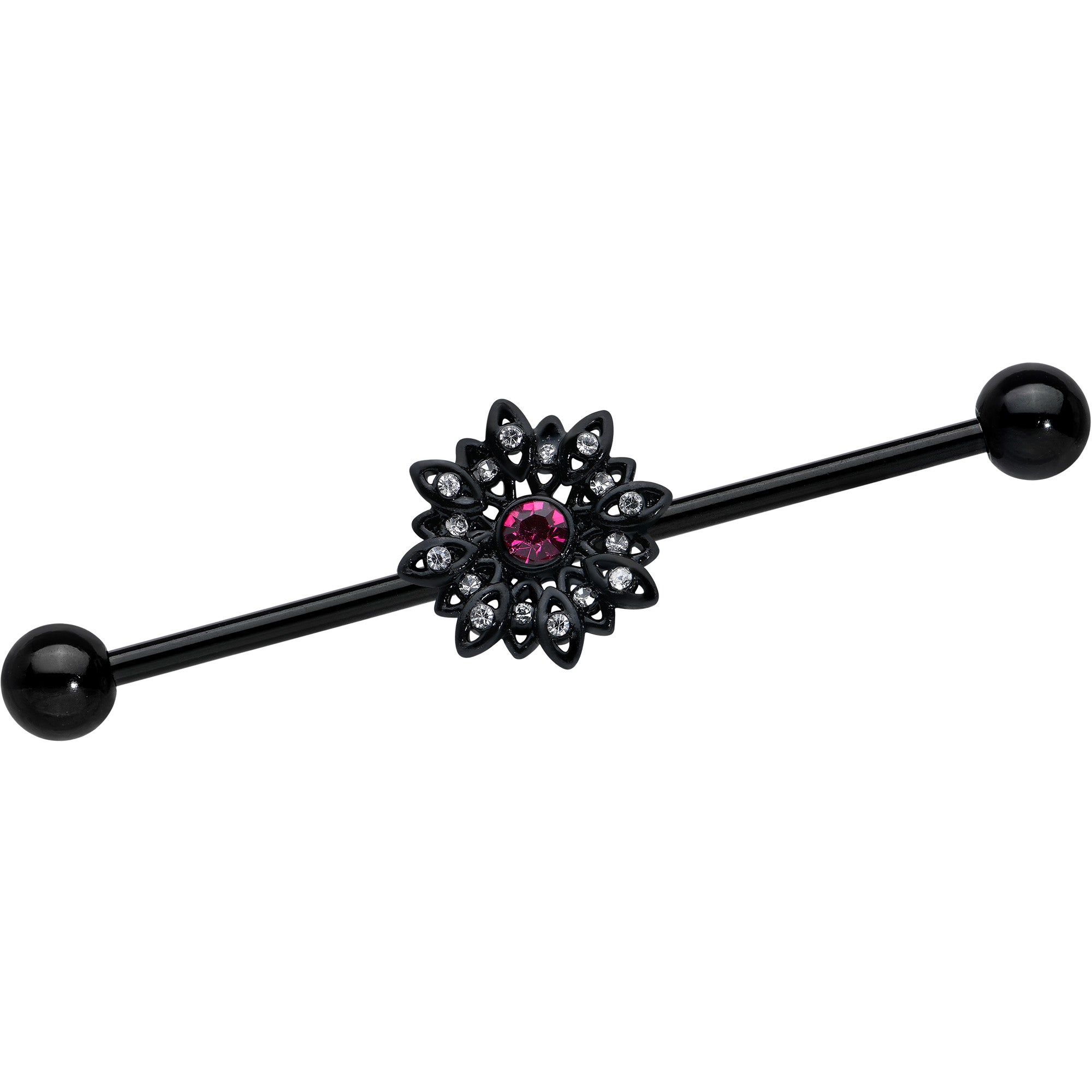 14 Gauge Clear Pink Gem Black Midnight Flower Industrial Barbell 38mm