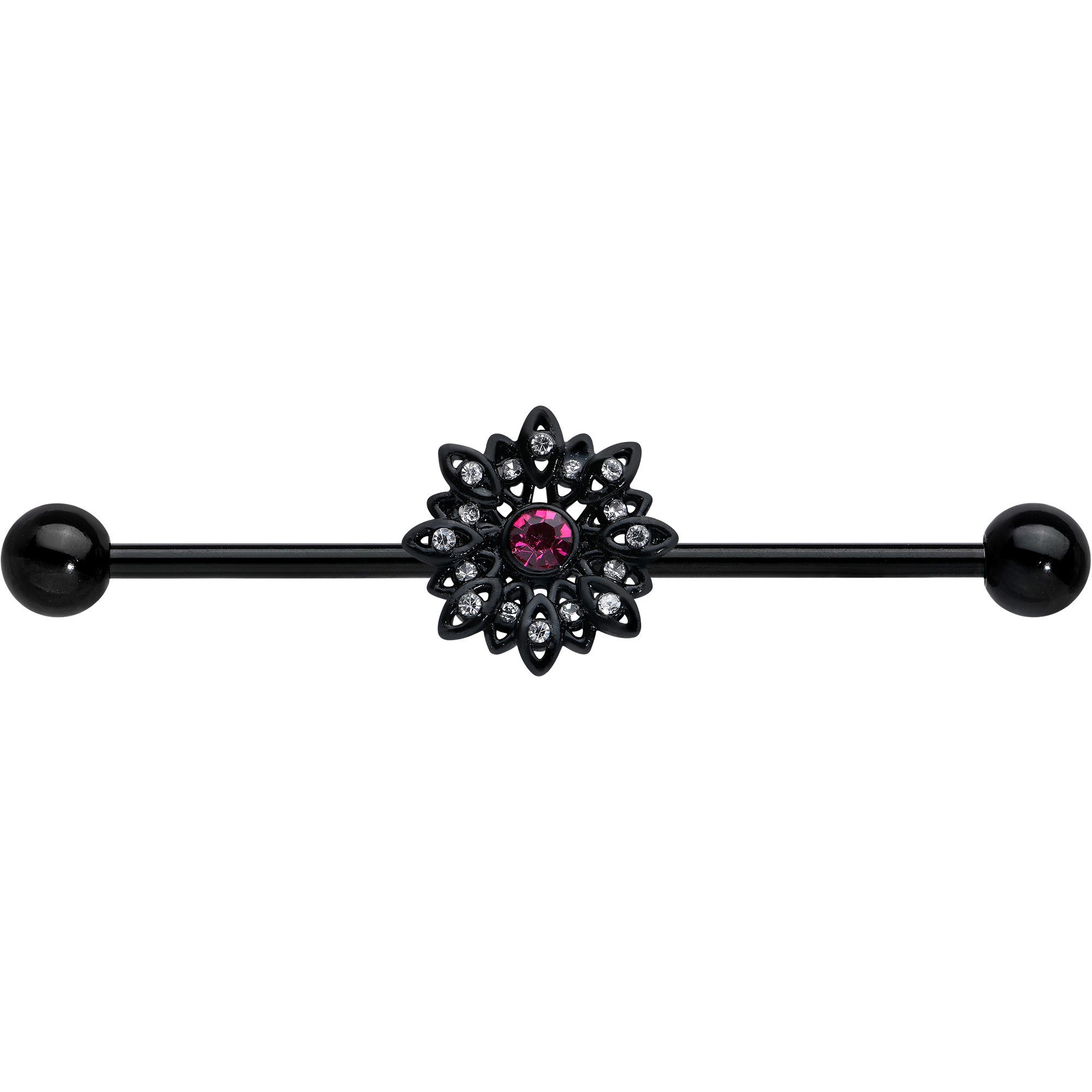 14 Gauge Clear Pink Gem Black Midnight Flower Industrial Barbell 38mm