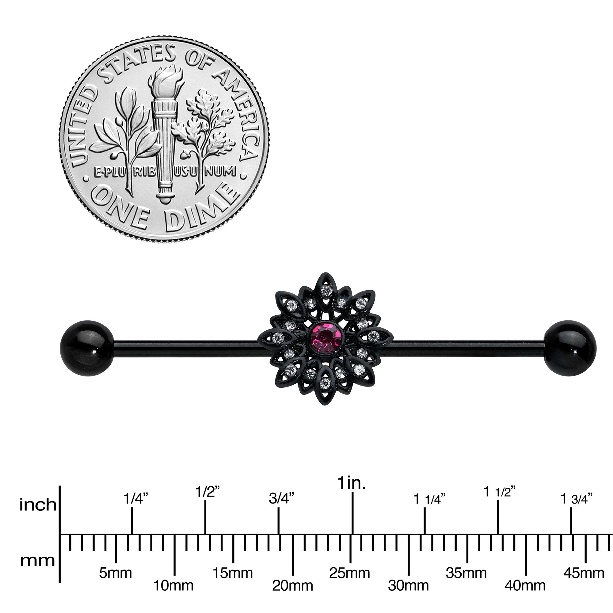 14 Gauge Clear Pink Gem Black Midnight Flower Industrial Barbell 38mm