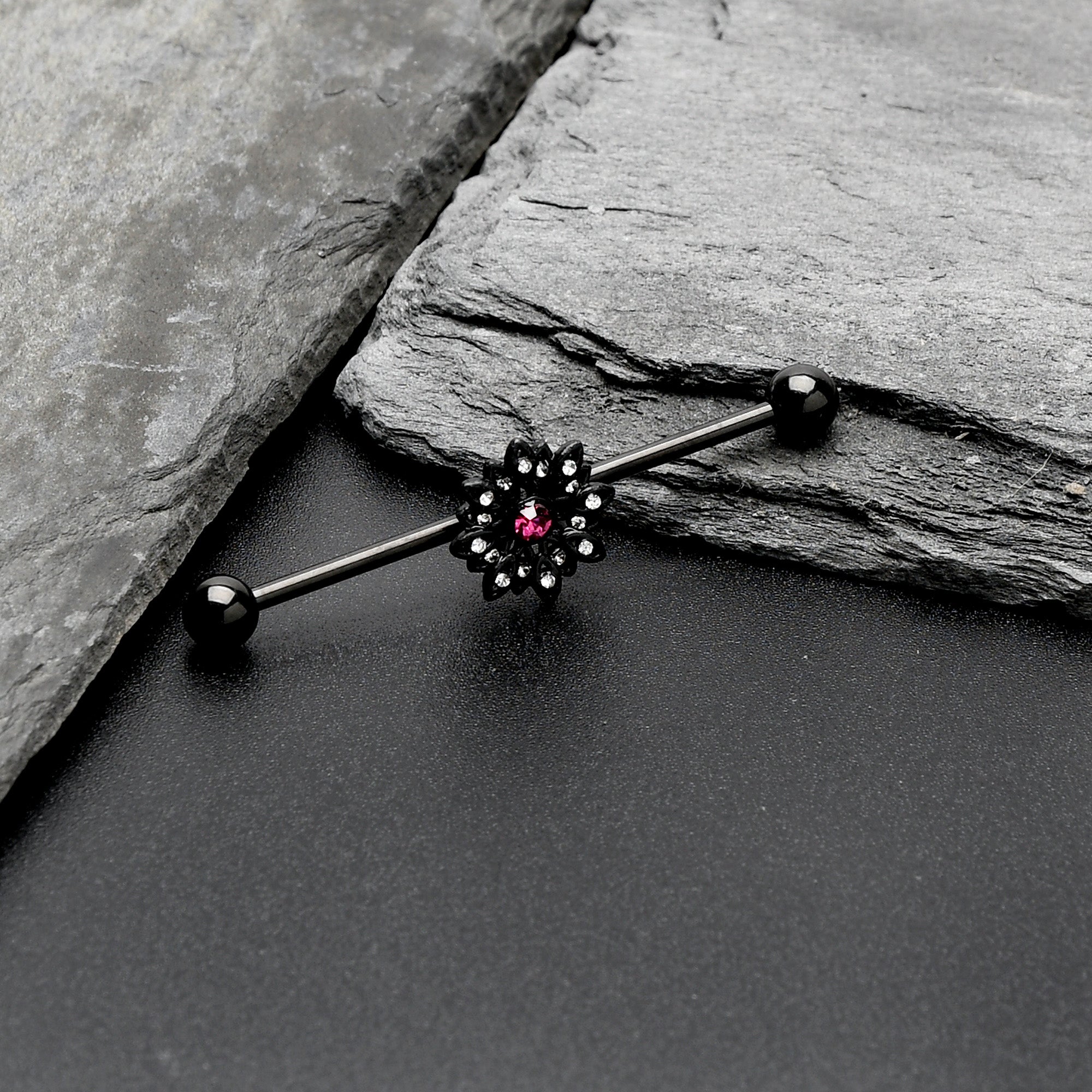 14 Gauge Clear Pink Gem Black Midnight Flower Industrial Barbell 38mm