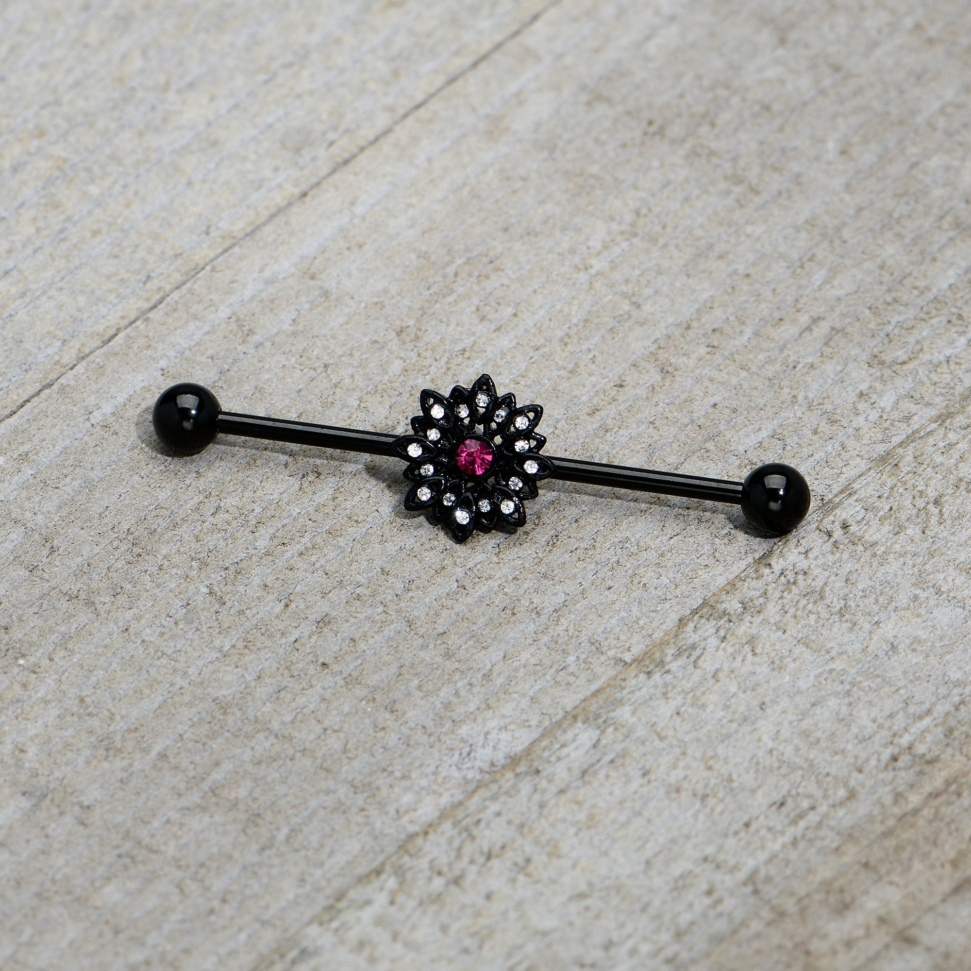 14 Gauge Clear Pink Gem Black Midnight Flower Industrial Barbell 38mm