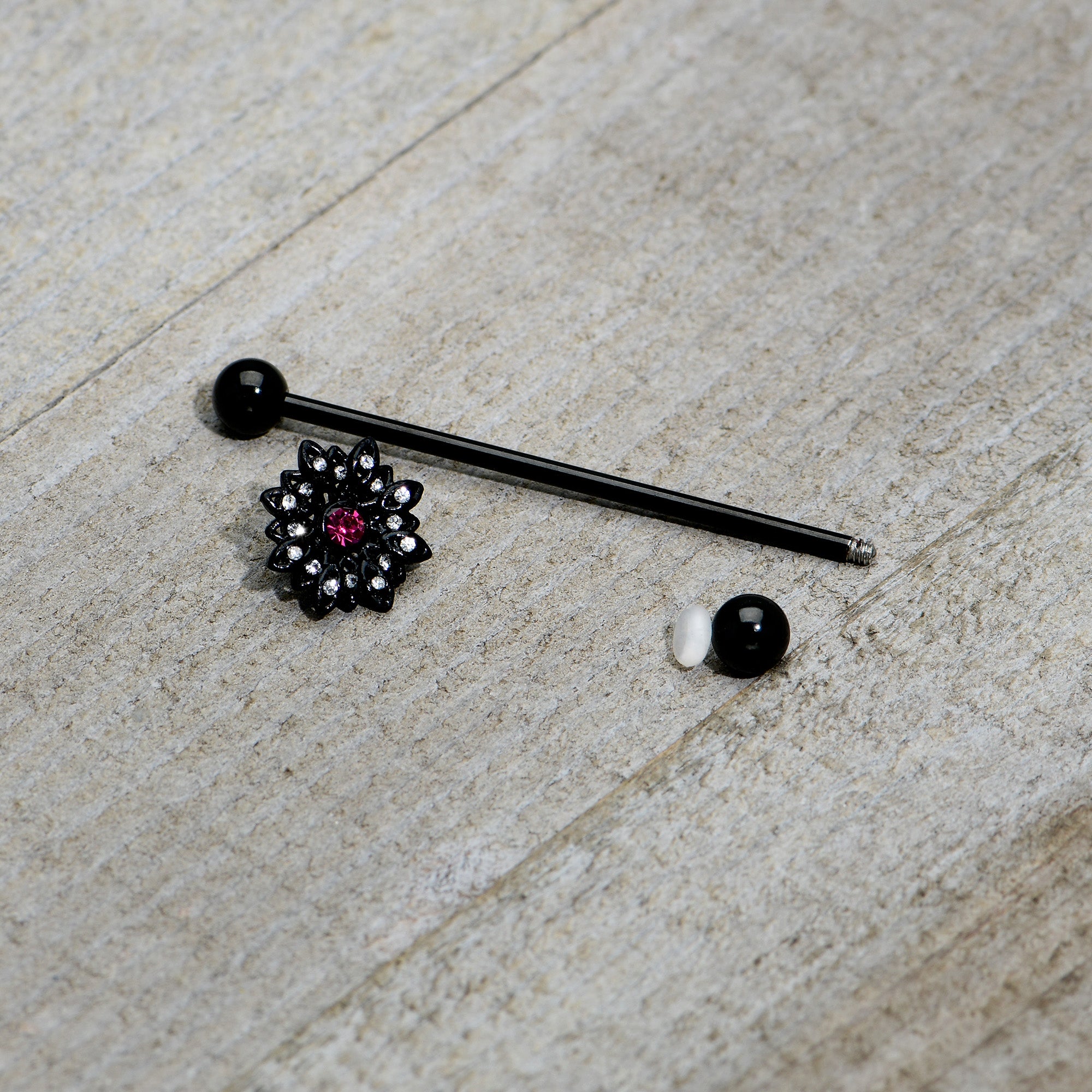 14 Gauge Clear Pink Gem Black Midnight Flower Industrial Barbell 38mm