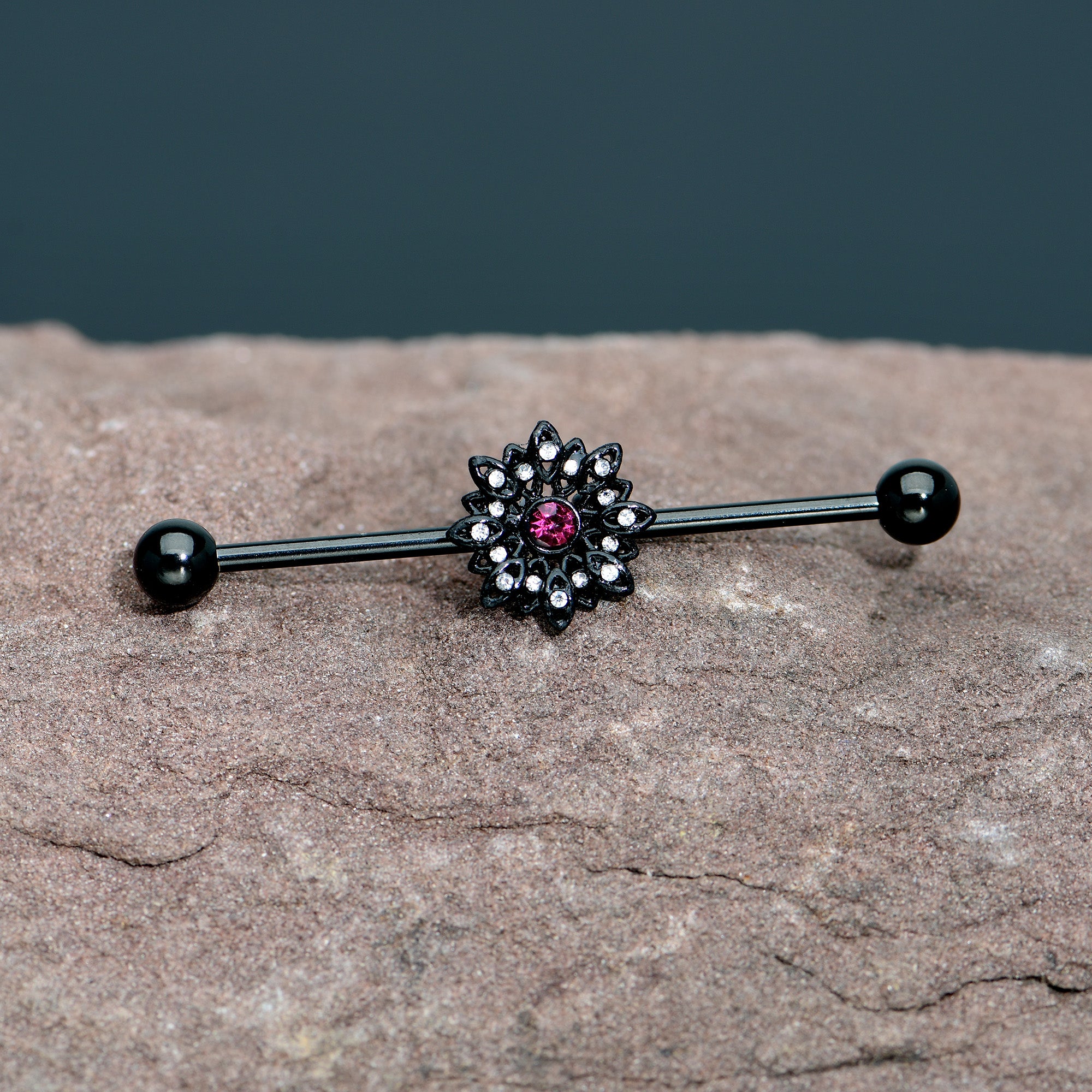 14 Gauge Clear Pink Gem Black Midnight Flower Industrial Barbell 38mm