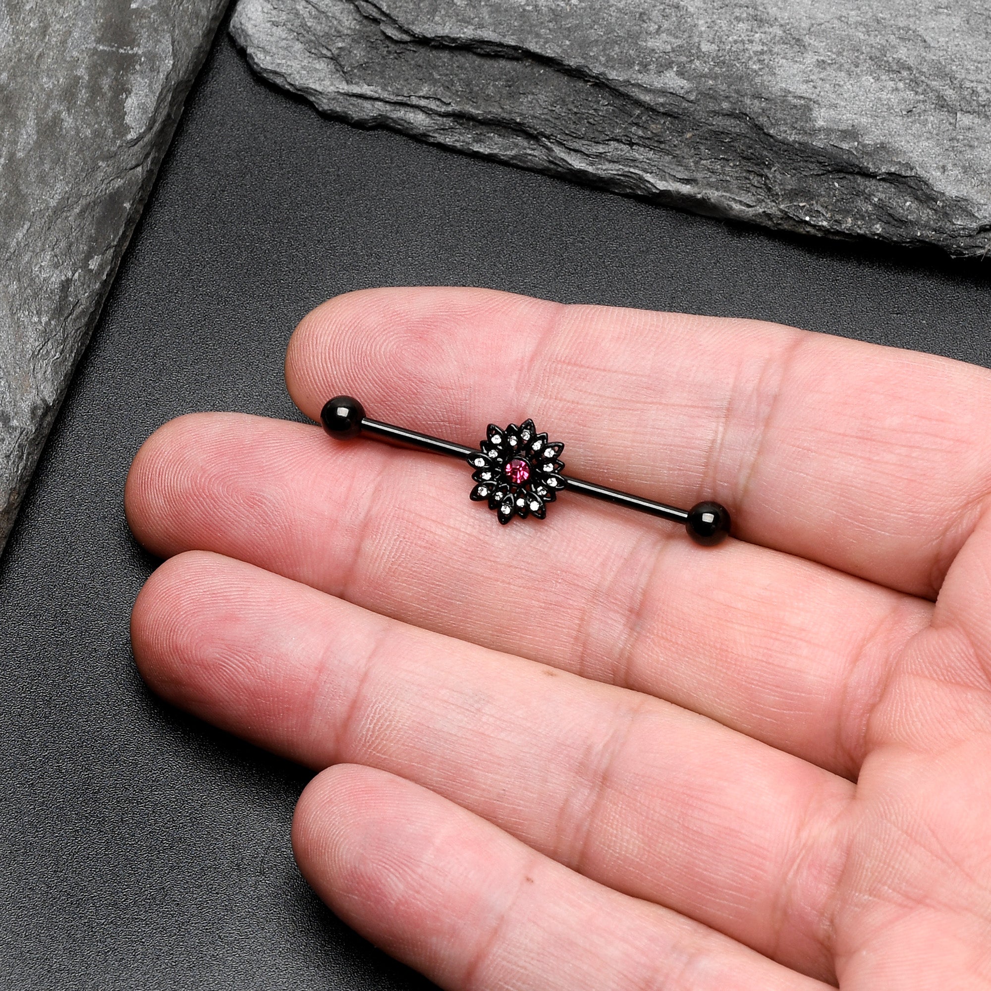 14 Gauge Clear Pink Gem Black Midnight Flower Industrial Barbell 38mm