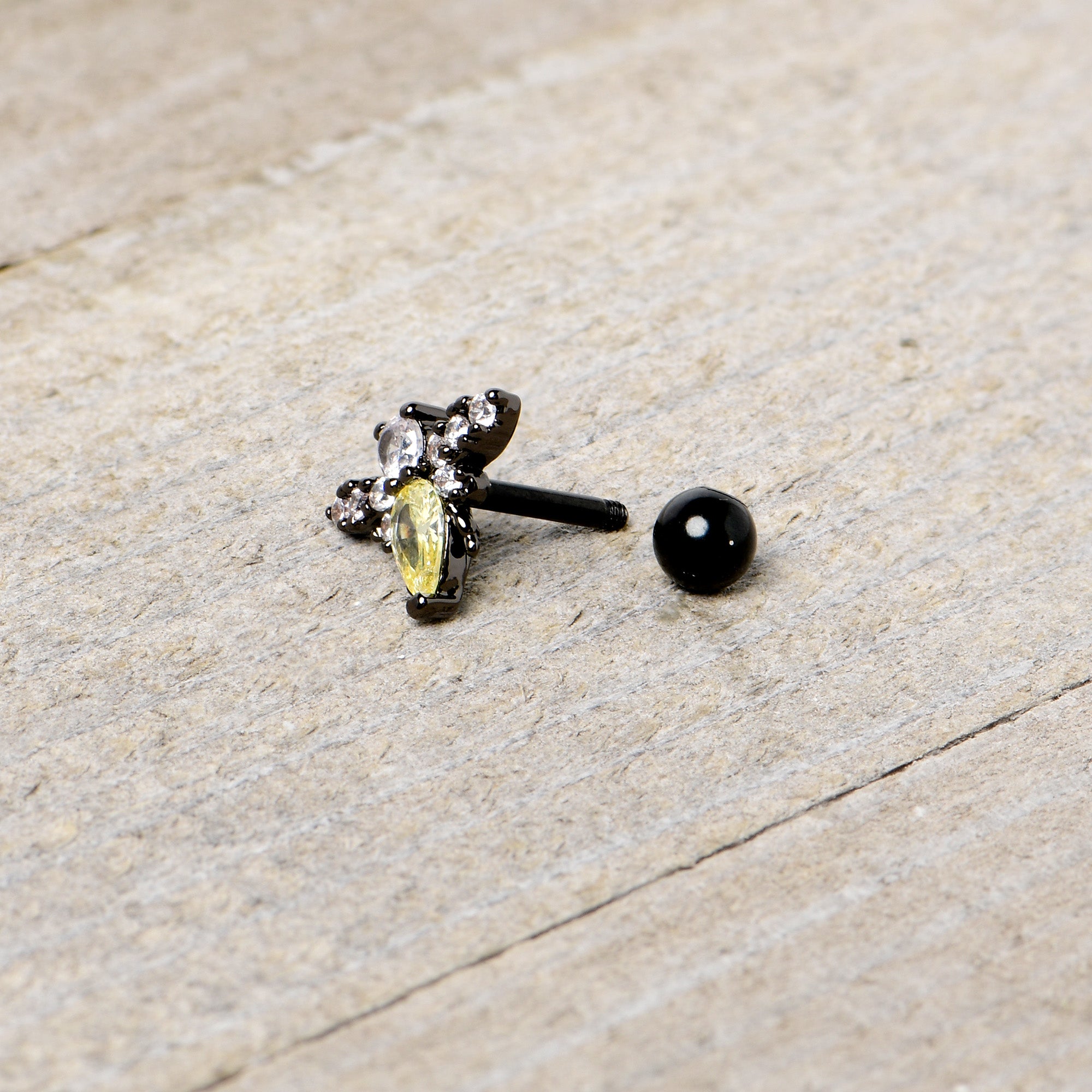 16 Gauge 1/4 Clear Yellow Gem Black Butterfly Cartilage Tragus Earring