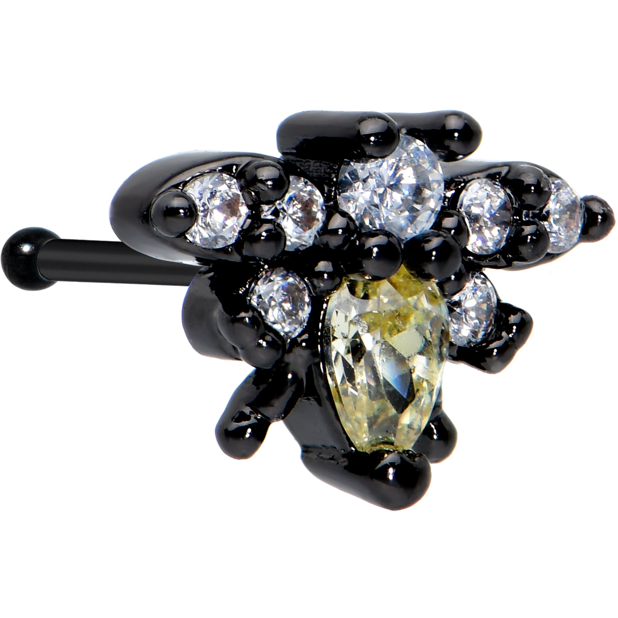 20 Gauge 1/4 Clear Yellow Gem Black Butterfly Nose Bone