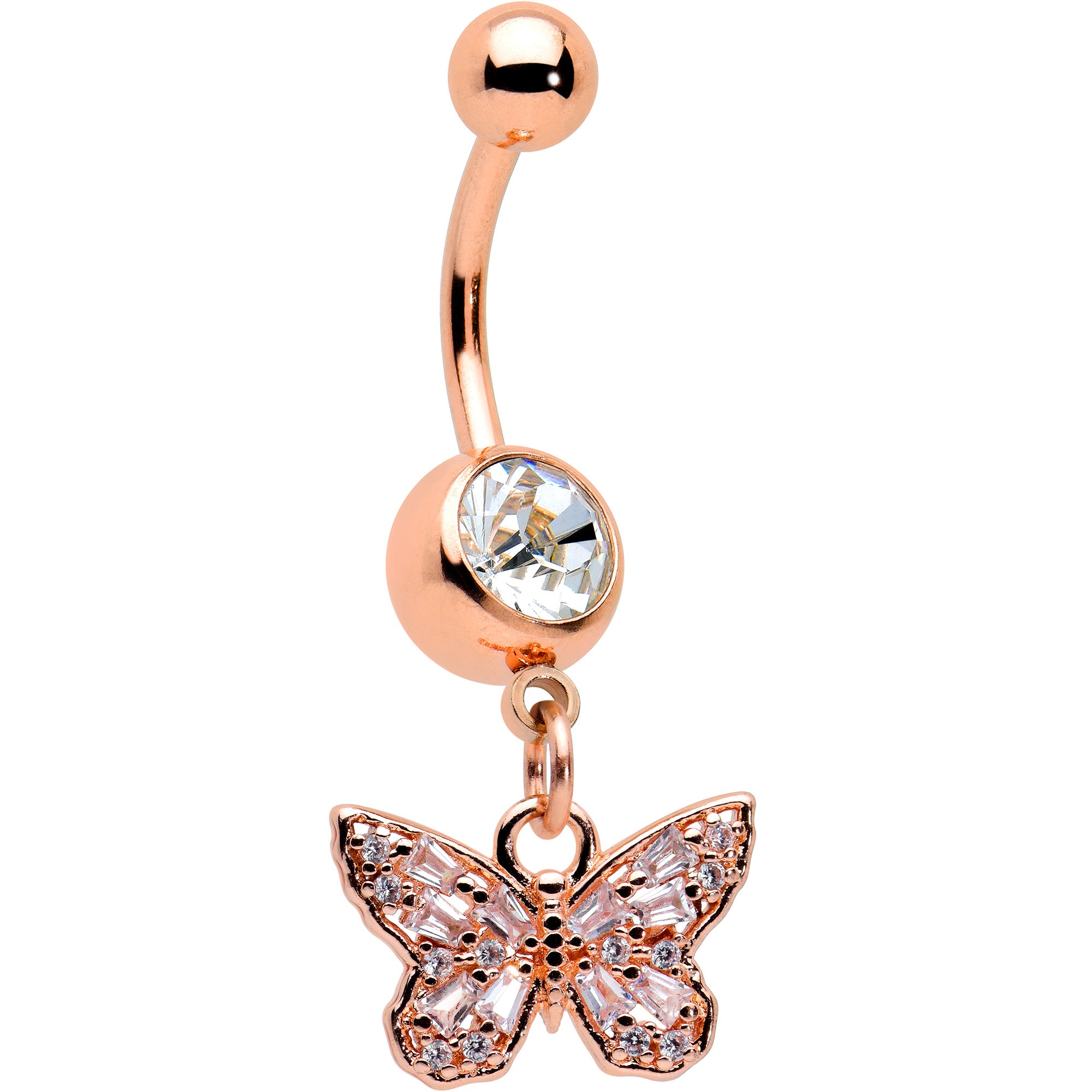 Clear Gem Rose Gold Tone Baroque Butterfly Rococo Dangle Belly Ring