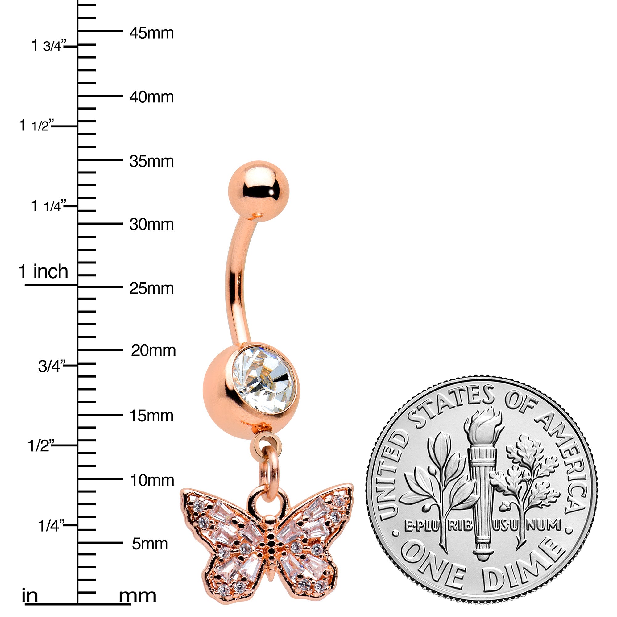 Clear Gem Rose Gold Tone Baroque Butterfly Rococo Dangle Belly Ring