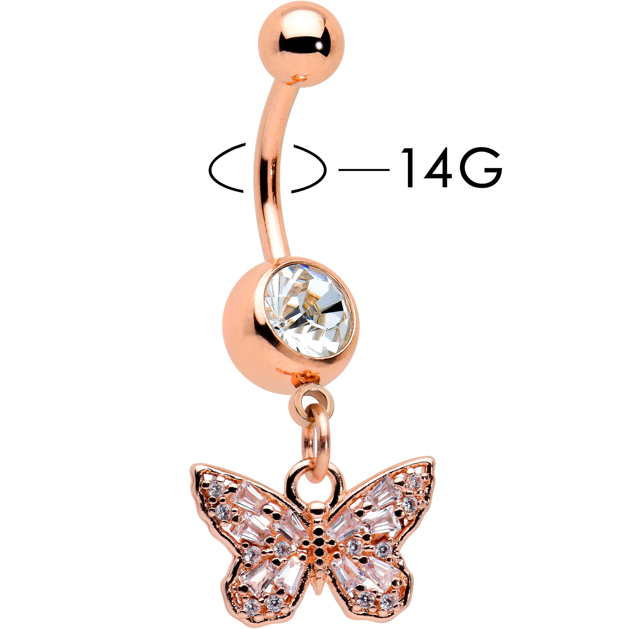 Clear Gem Rose Gold Tone Baroque Butterfly Rococo Dangle Belly Ring