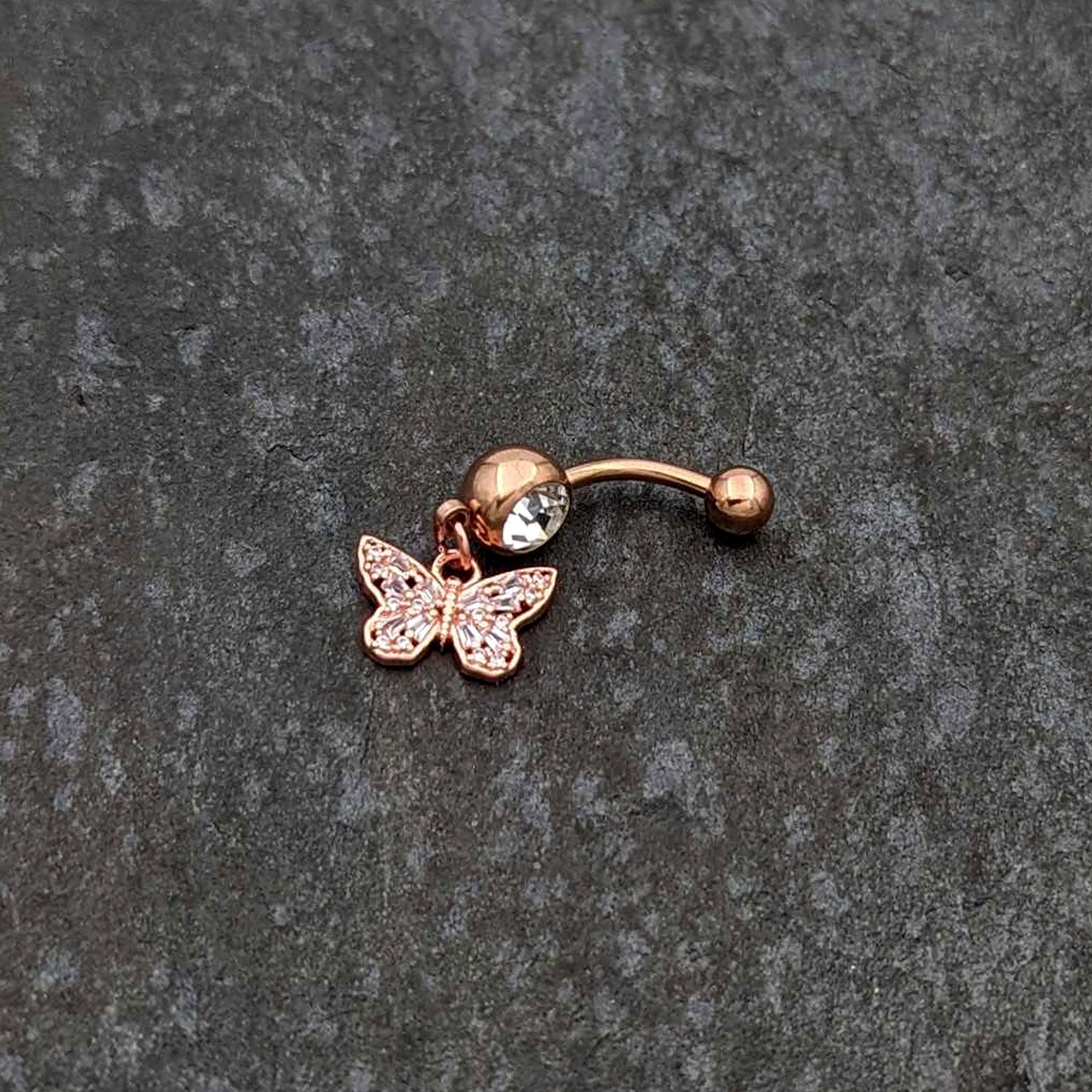 Clear Gem Rose Gold Tone Baroque Butterfly Rococo Dangle Belly Ring