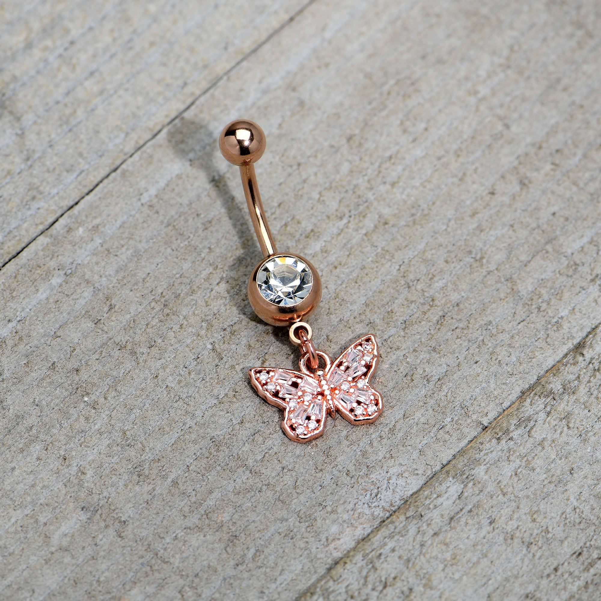 Clear Gem Rose Gold Tone Baroque Butterfly Rococo Dangle Belly Ring